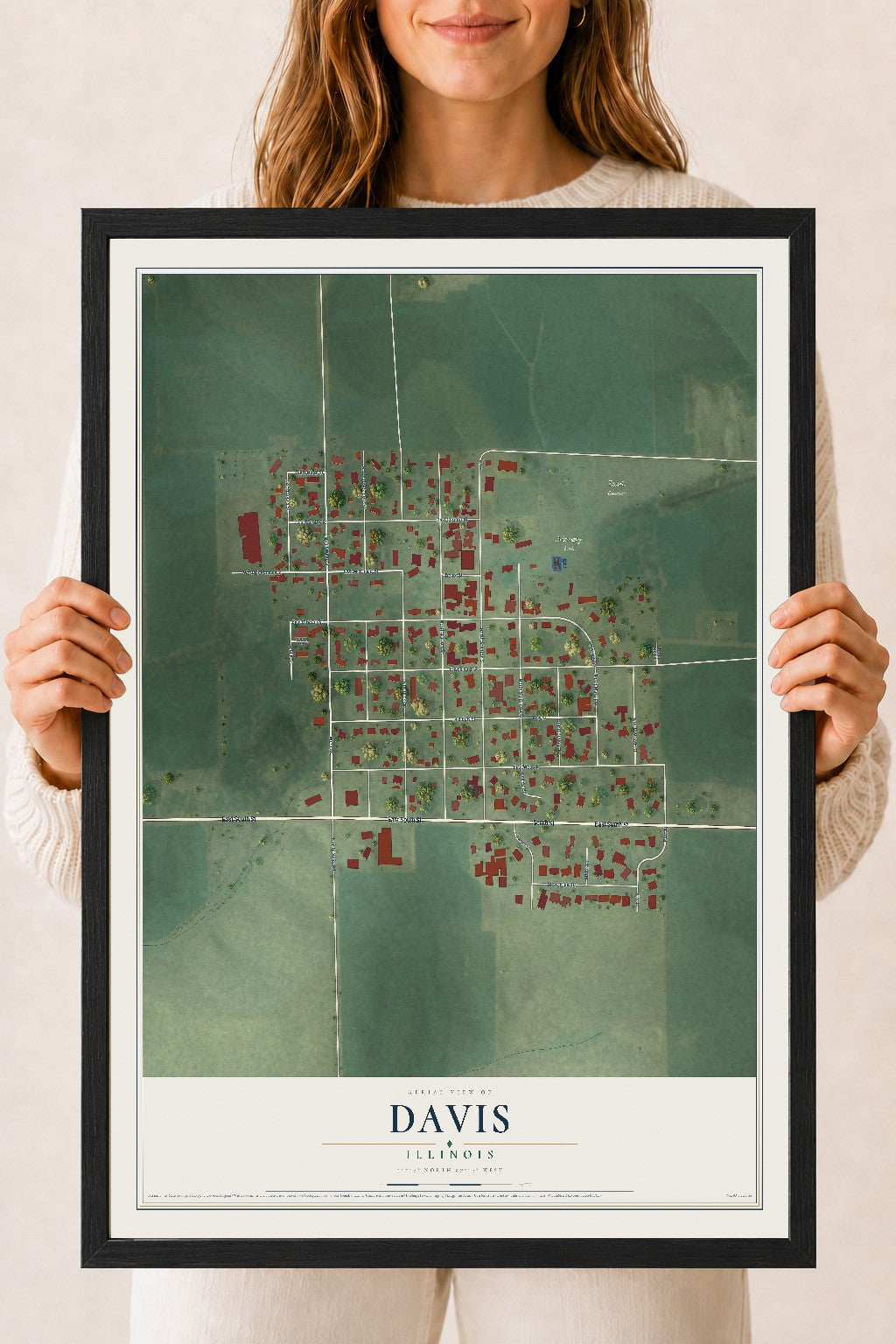 Map of Davis, Illinois, 18 x 24 inch print in a black wood frame