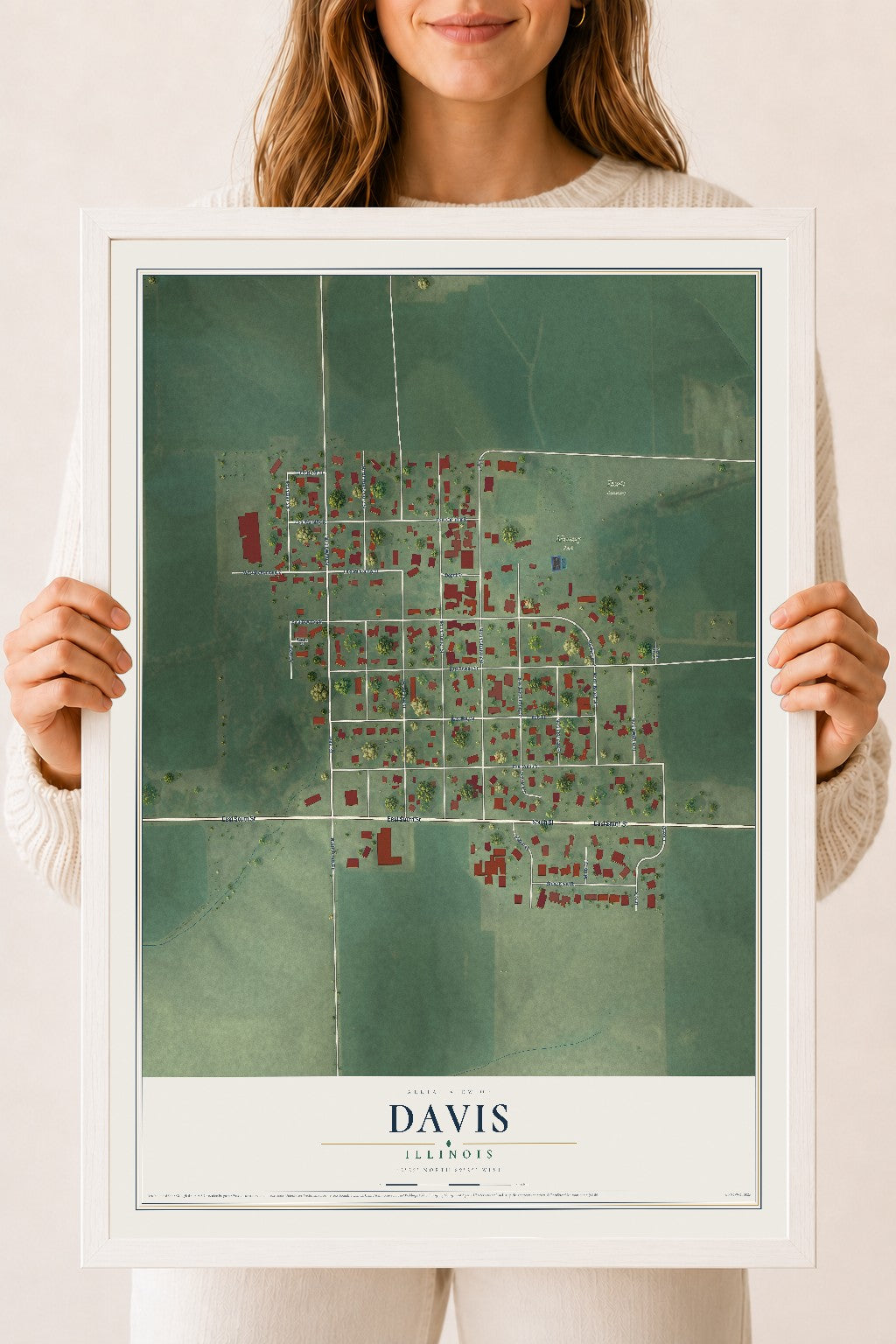 Map of Davis, Illinois, 18 x 24 inch print in a white wood frame