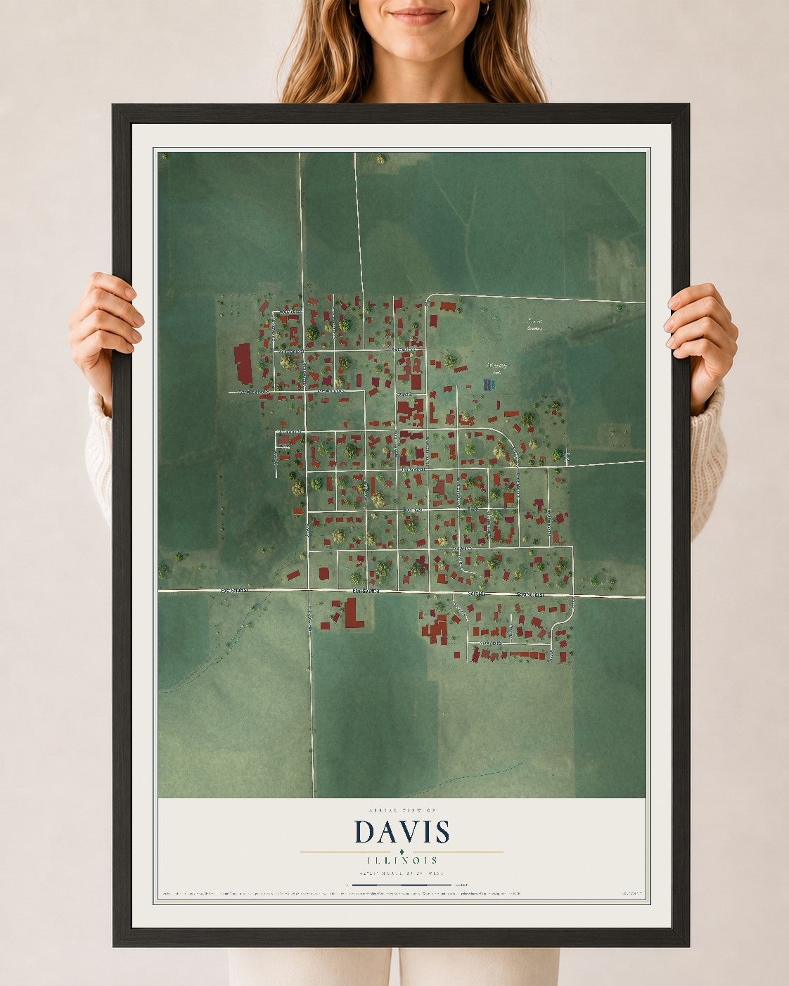 Map of Davis, Illinois, 24 x 36 inch print in a black wood frame