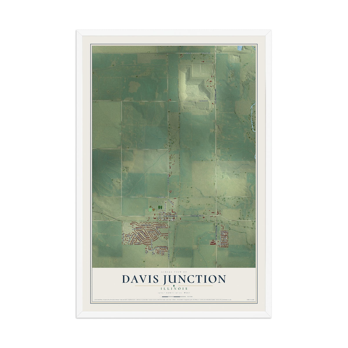 Map of Davis Junction, Illinois, 12 x 18 inch print in a white wood frame