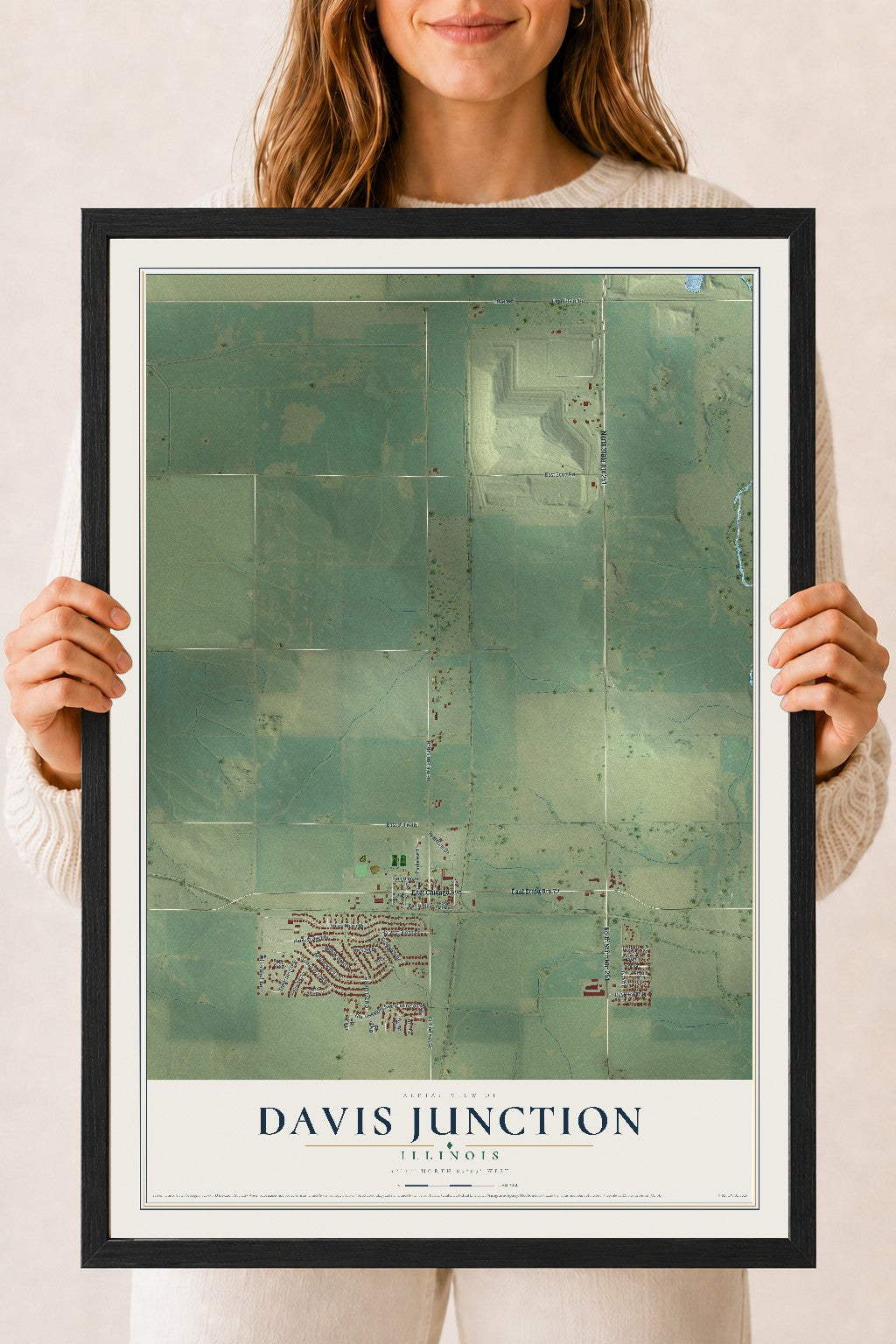 Map of Davis Junction, Illinois, 18 x 24 inch print in a black wood frame