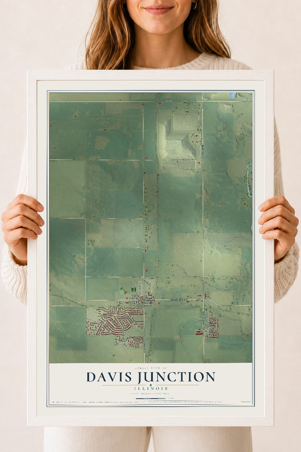 Map of Davis Junction, Illinois, 18 x 24 inch print in a white wood frame