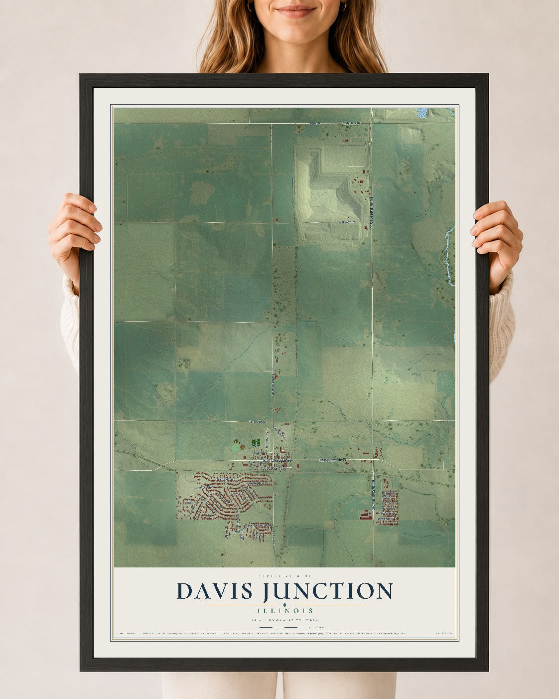 Map of Davis Junction, Illinois, 24 x 36 inch print in a black wood frame
