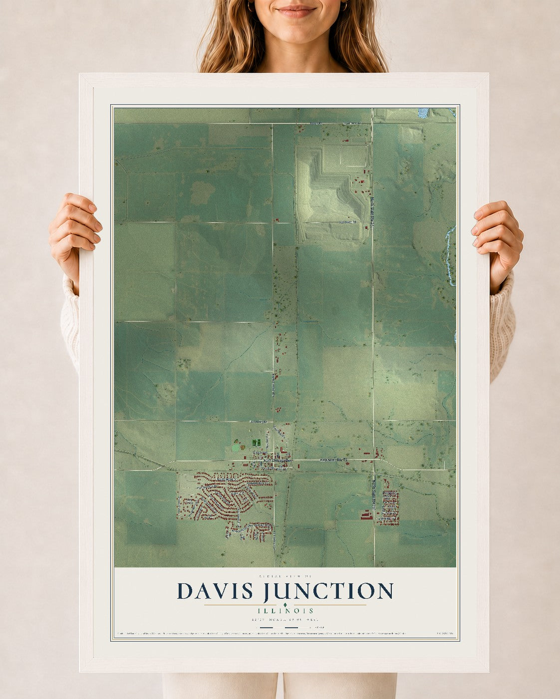 Map of Davis Junction, Illinois, 24 x 36 inch print in a white wood frame
