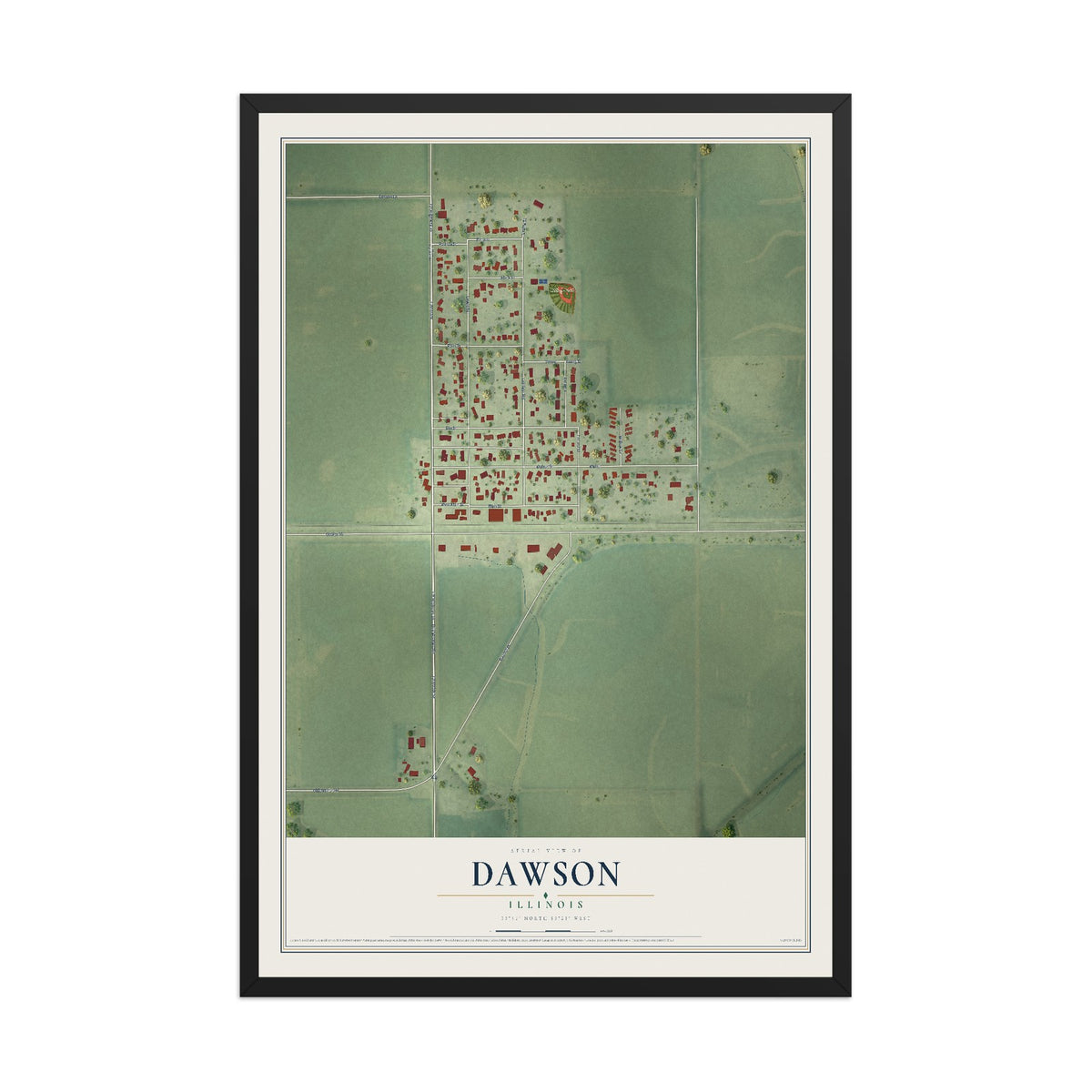 Map of Dawson, Illinois, 12 x 18 inch print in a black wood frame