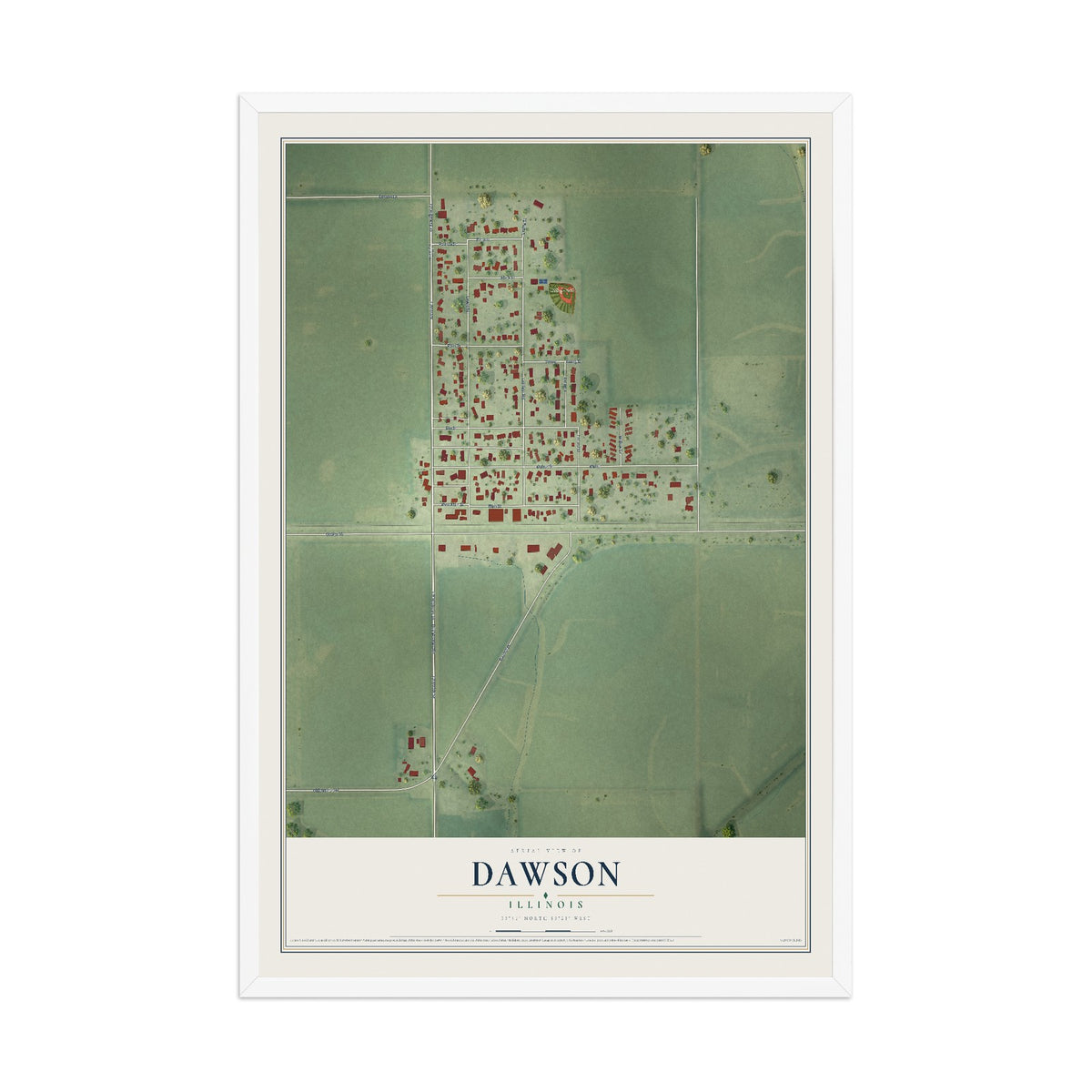 Map of Dawson, Illinois, 12 x 18 inch print in a white wood frame