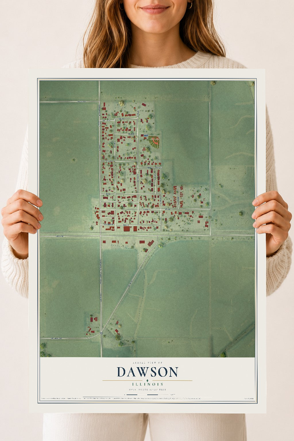 Map of Dawson, Illinois, 18 x 24 inch unframed archival matte print