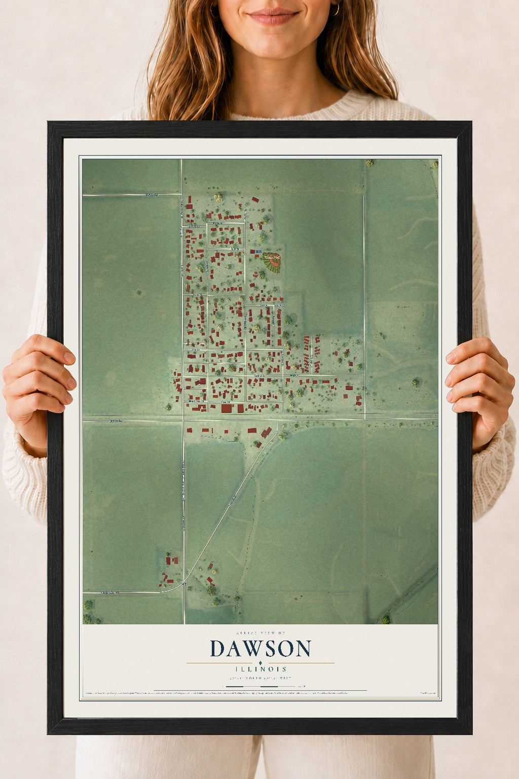 Map of Dawson, Illinois, 18 x 24 inch print in a black wood frame
