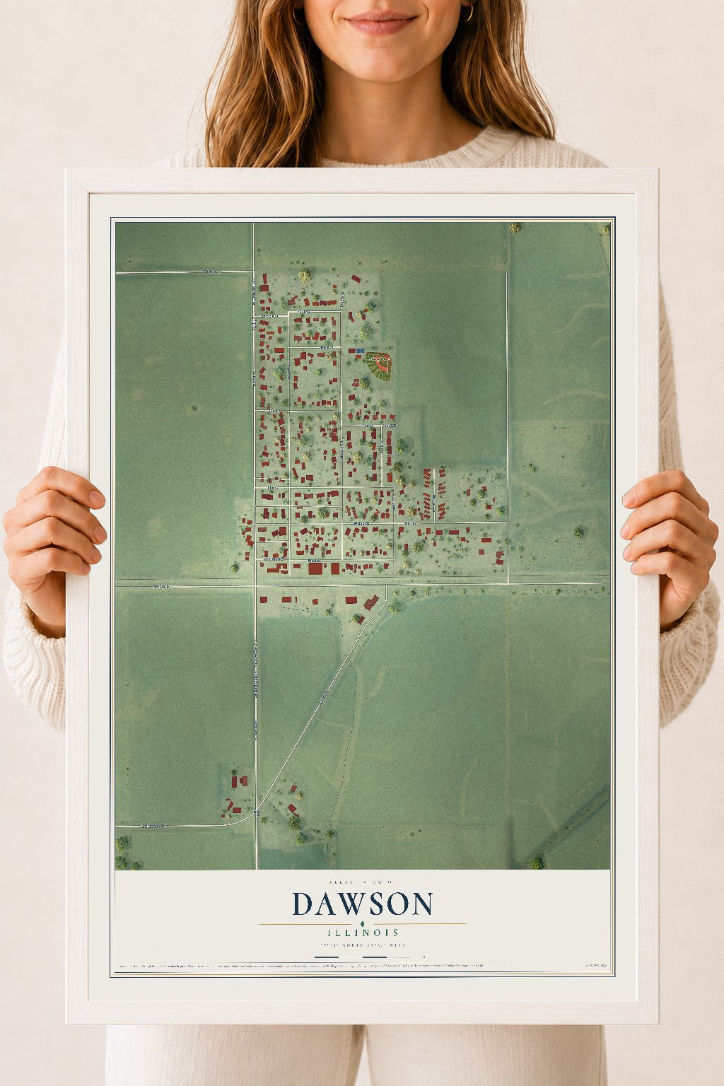 Map of Dawson, Illinois, 18 x 24 inch print in a white wood frame
