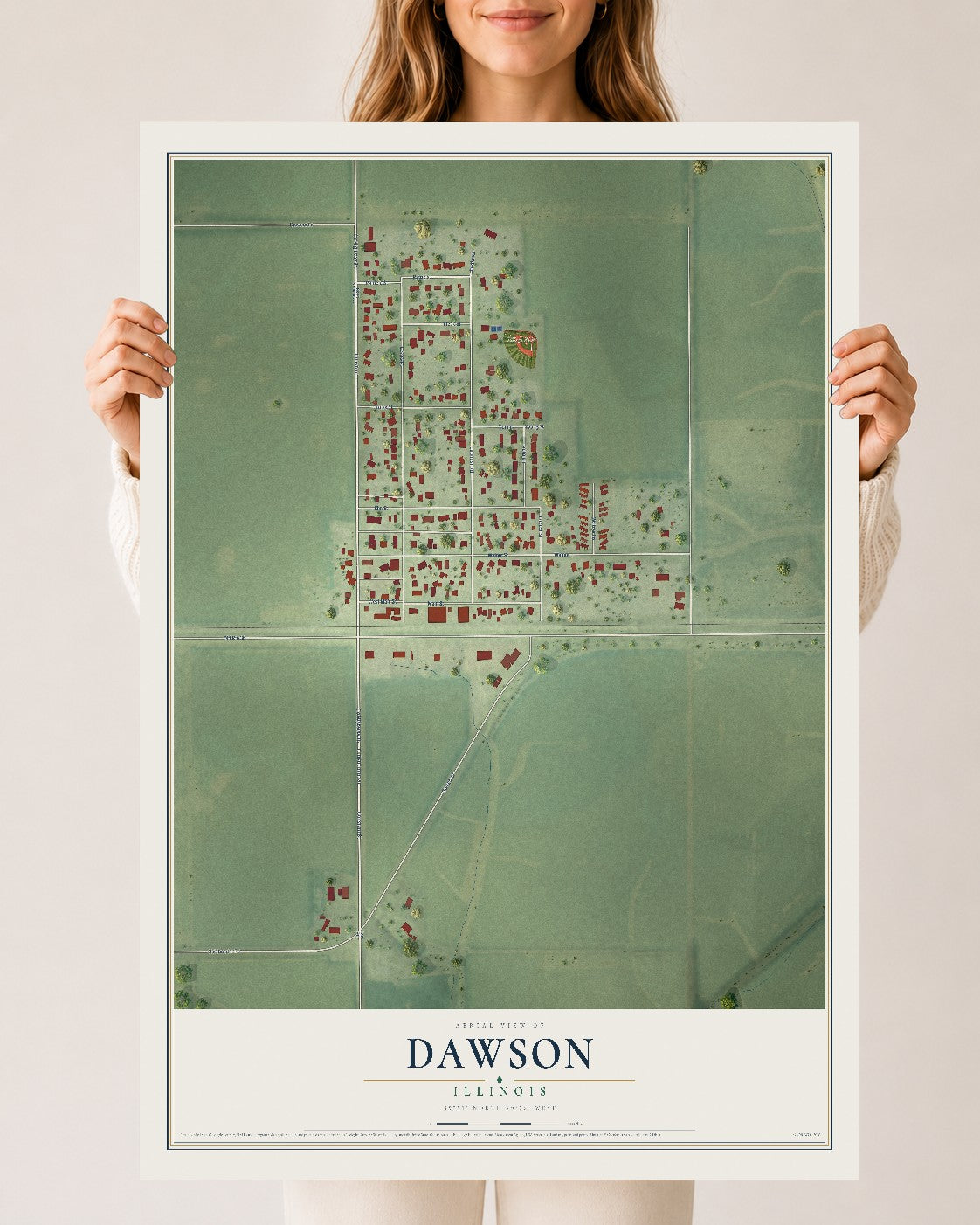 Map of Dawson, Illinois, 24 x 36 inch unframed archival matte print