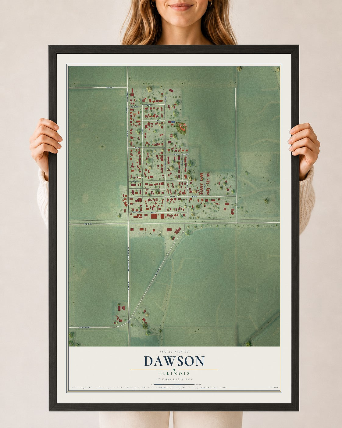 Map of Dawson, Illinois, 24 x 36 inch print in a black wood frame