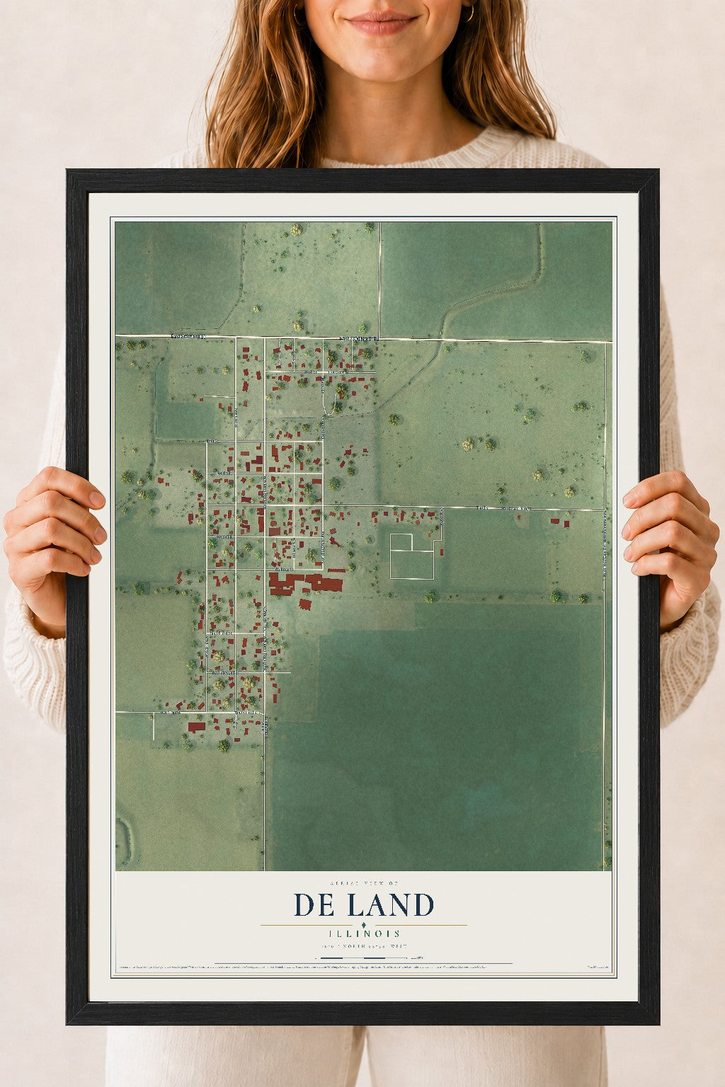 Map of De Land, Illinois, 18 x 24 inch print in a black wood frame