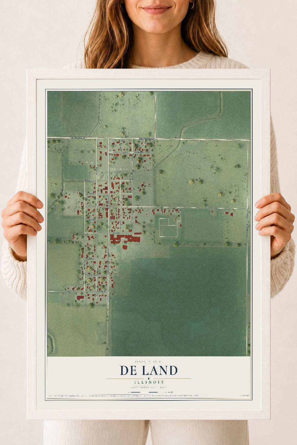 Map of De Land, Illinois, 18 x 24 inch print in a white wood frame