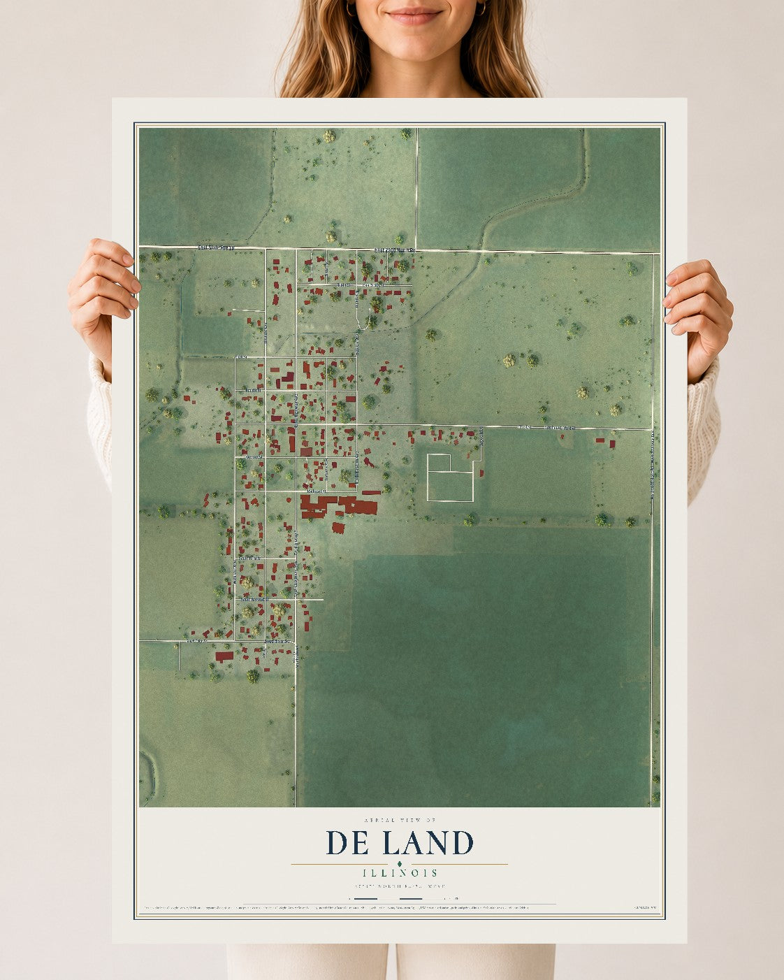 Map of De Land, Illinois, 24 x 36 inch unframed archival matte print