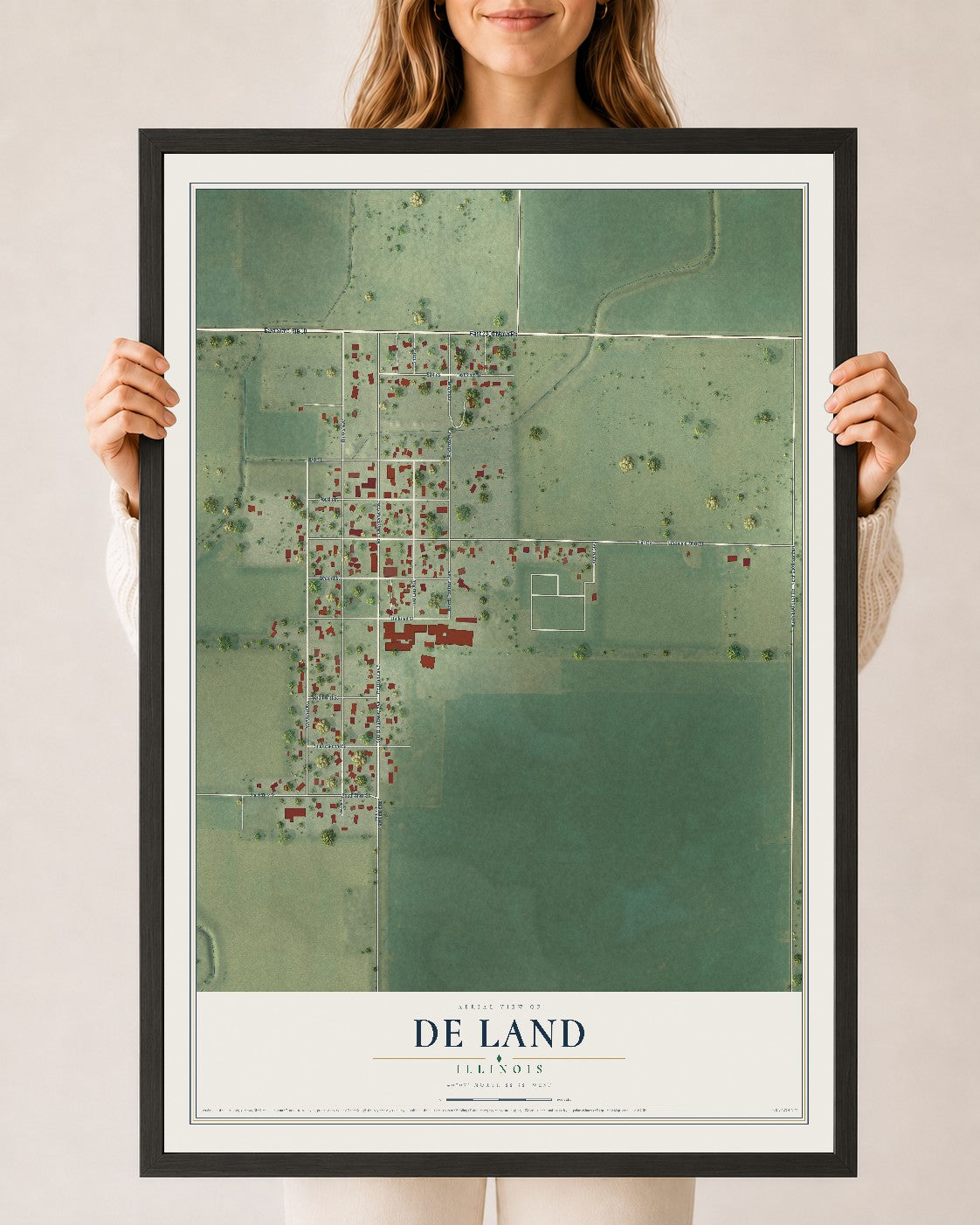 Map of De Land, Illinois, 24 x 36 inch print in a black wood frame