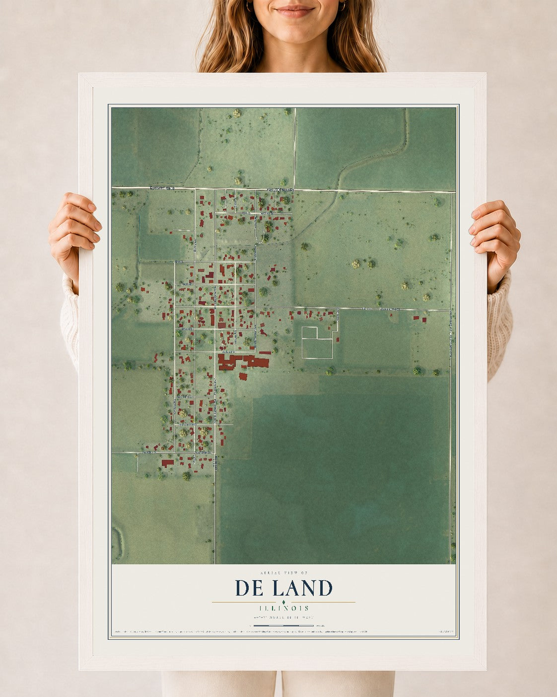Map of De Land, Illinois, 24 x 36 inch print in a white wood frame