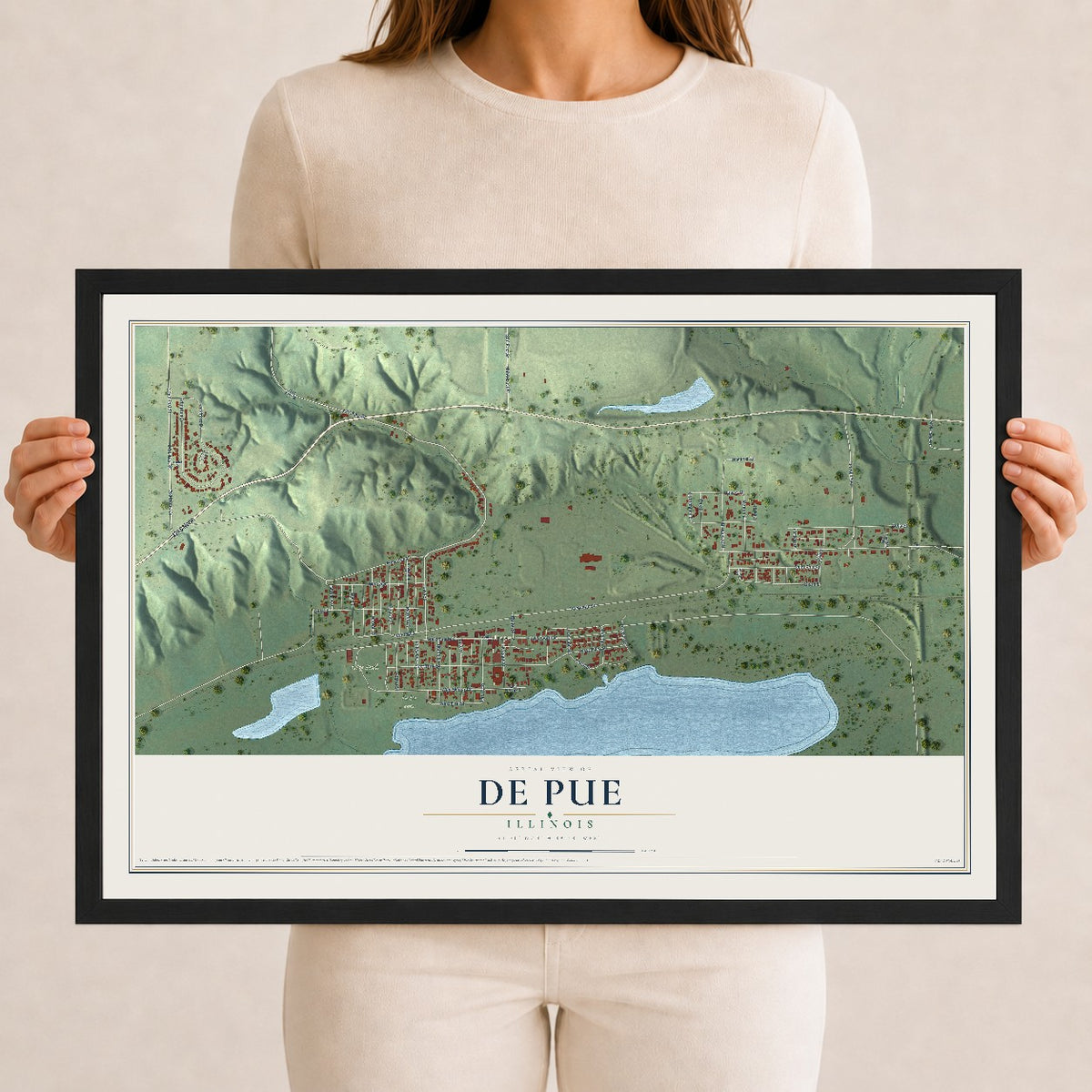 Map of De Pue, Illinois, 12 x 18 inch print in a black wood frame