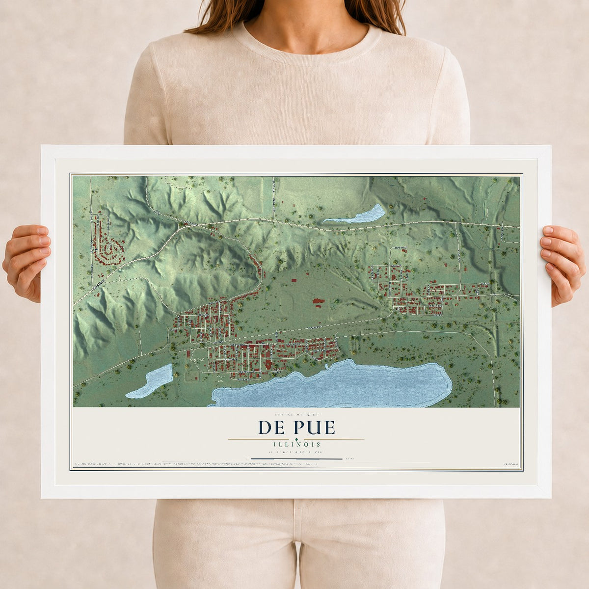 Map of De Pue, Illinois, 12 x 18 inch print in a white wood frame