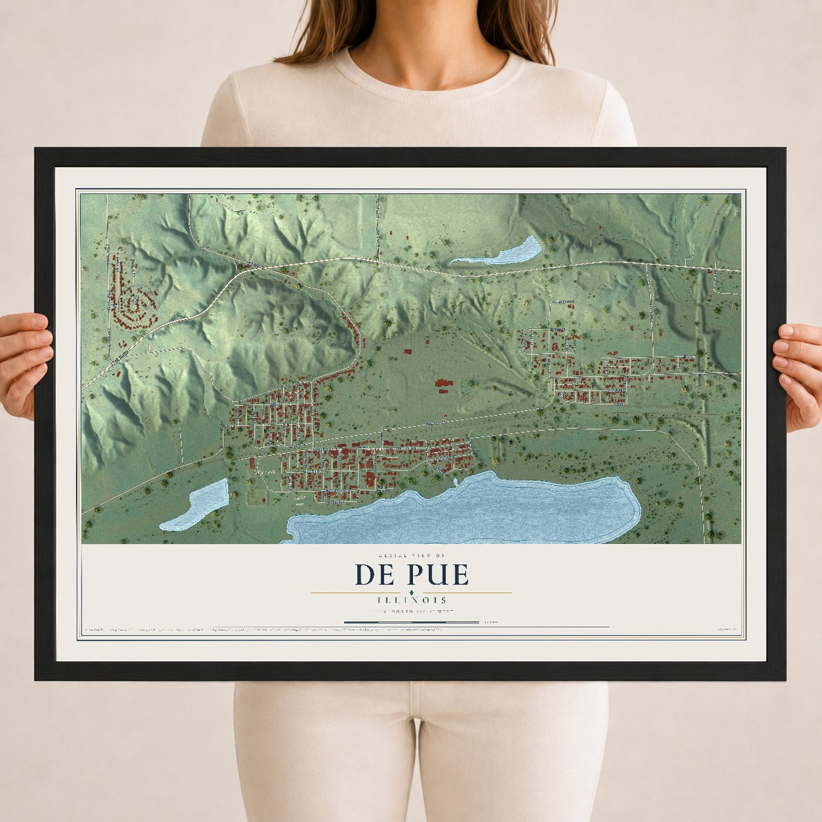 Map of De Pue, Illinois, 18 x 24 inch print in a black wood frame