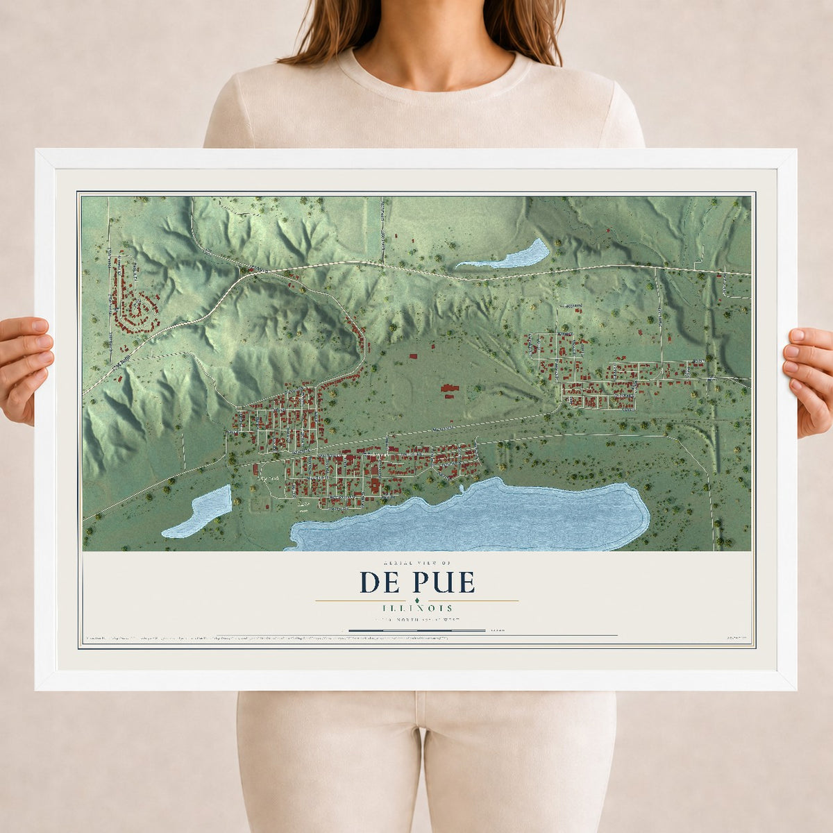 Map of De Pue, Illinois, 18 x 24 inch print in a white wood frame