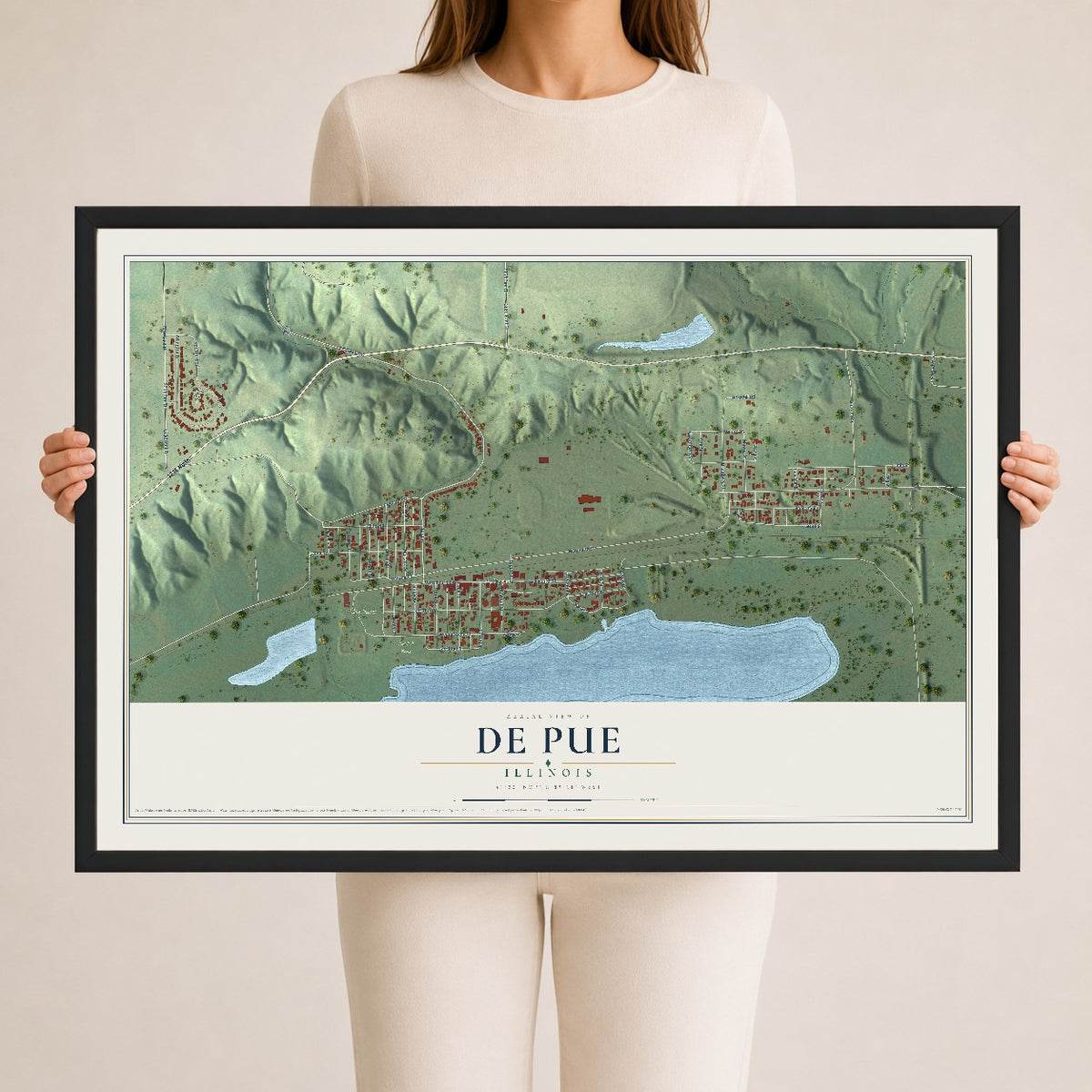 Map of De Pue, Illinois, 24 x 36 inch print in a black wood frame