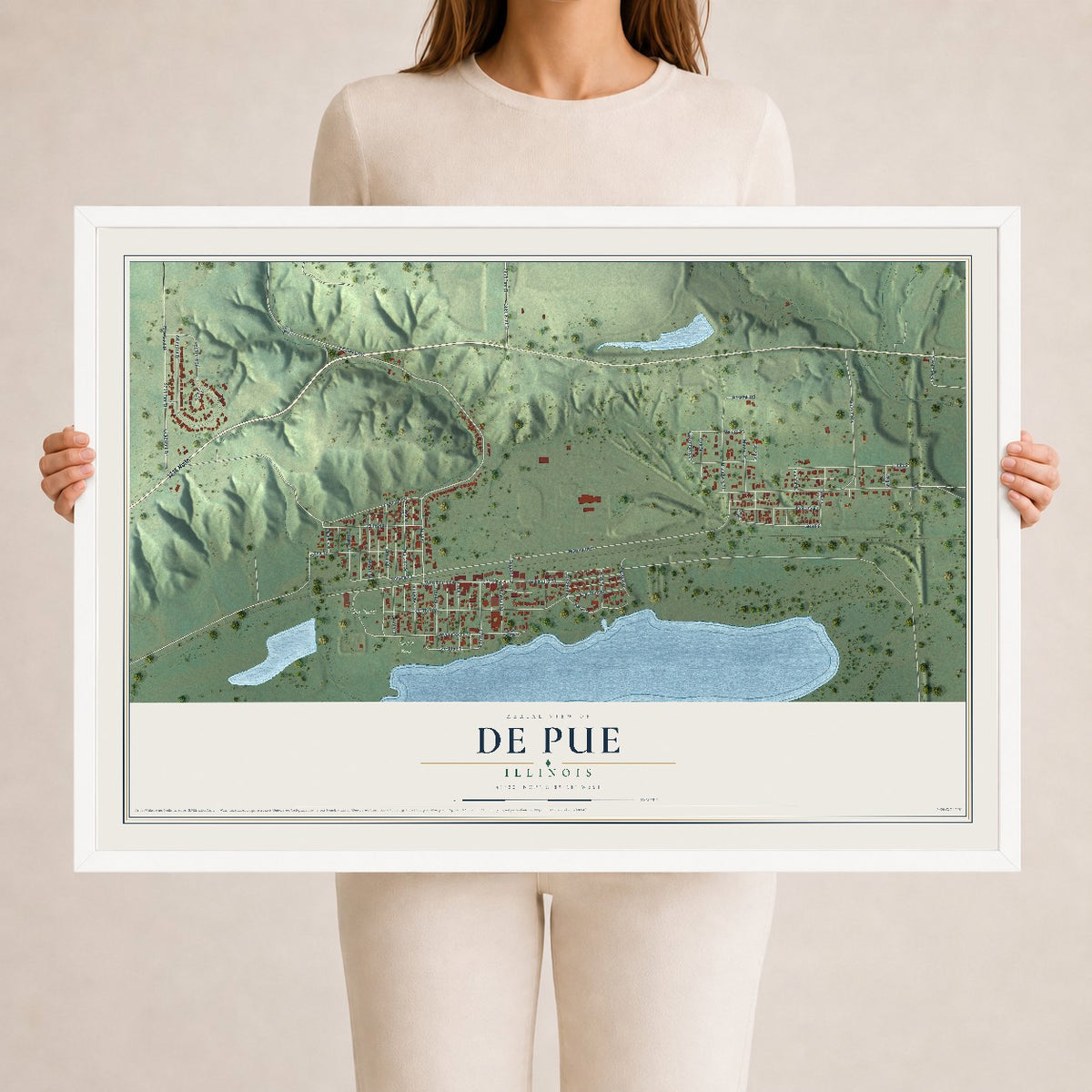 Map of De Pue, Illinois, 24 x 36 inch print in a white wood frame