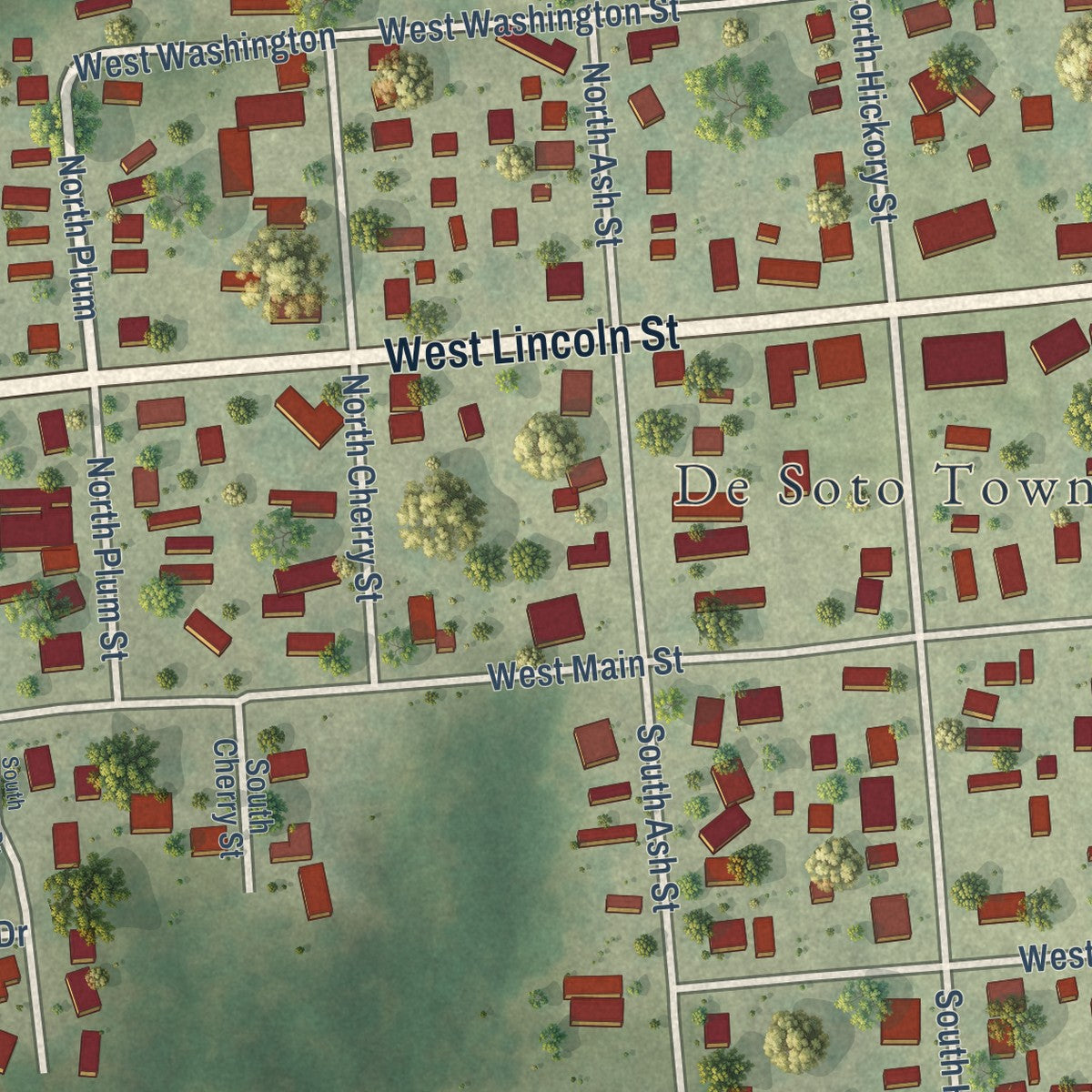 Second close-up of the map of De Soto, Illinois print showing more streets and buildings