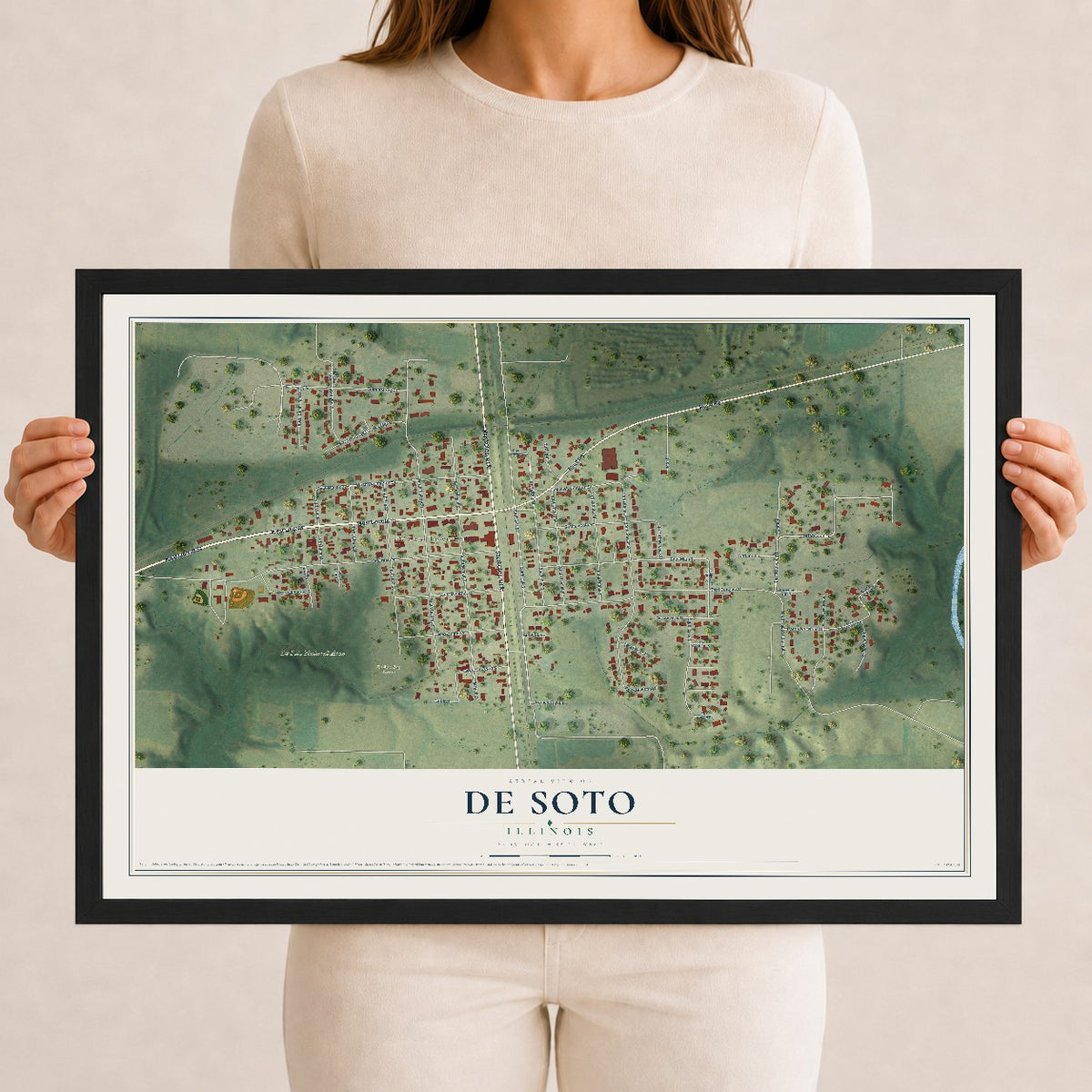 Map of De Soto, Illinois, 12 x 18 inch print in a black wood frame