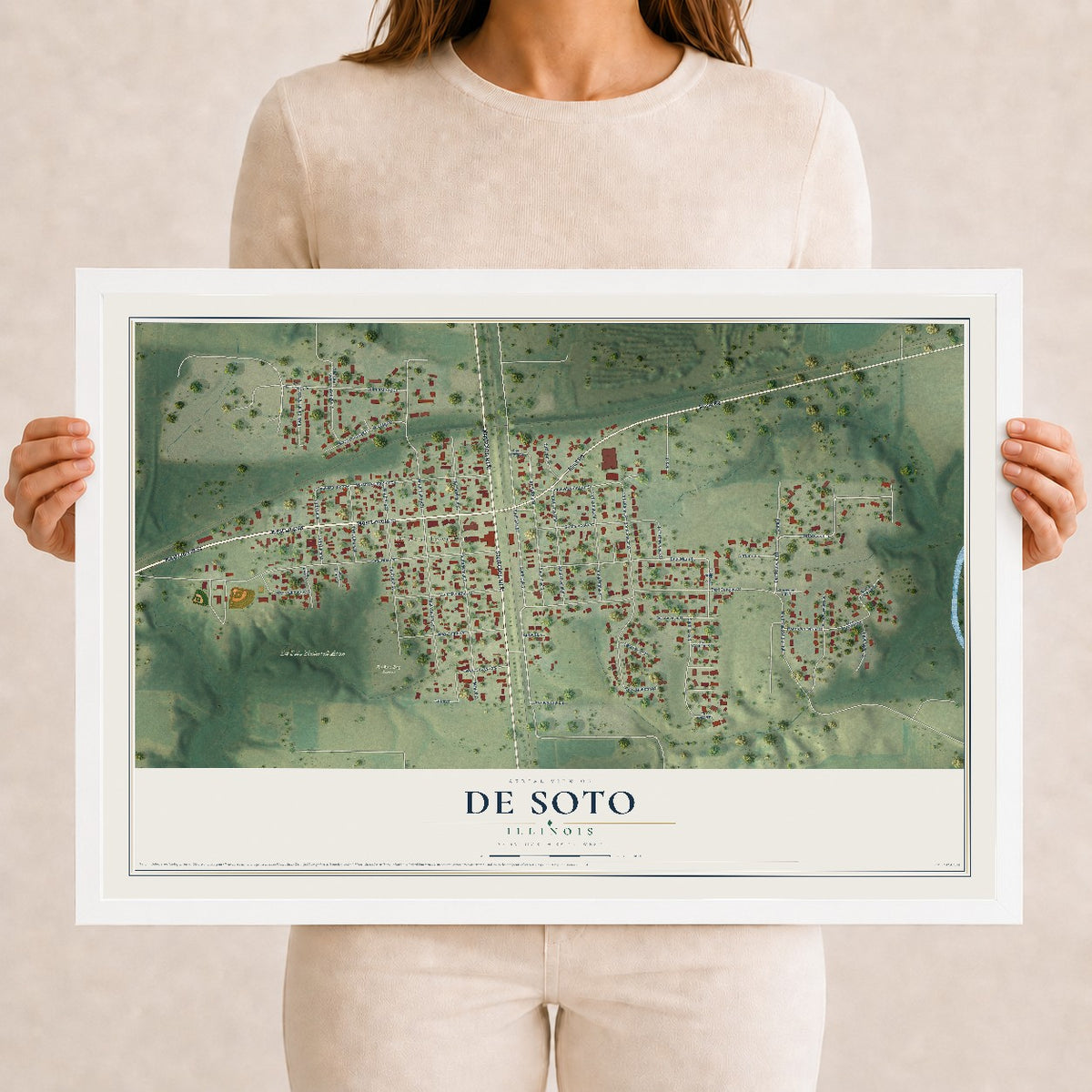 Map of De Soto, Illinois, 12 x 18 inch print in a white wood frame