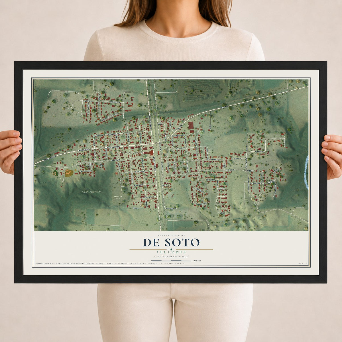 Map of De Soto, Illinois, 18 x 24 inch print in a black wood frame