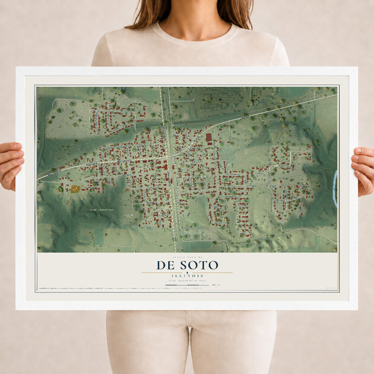 Map of De Soto, Illinois, 18 x 24 inch print in a white wood frame
