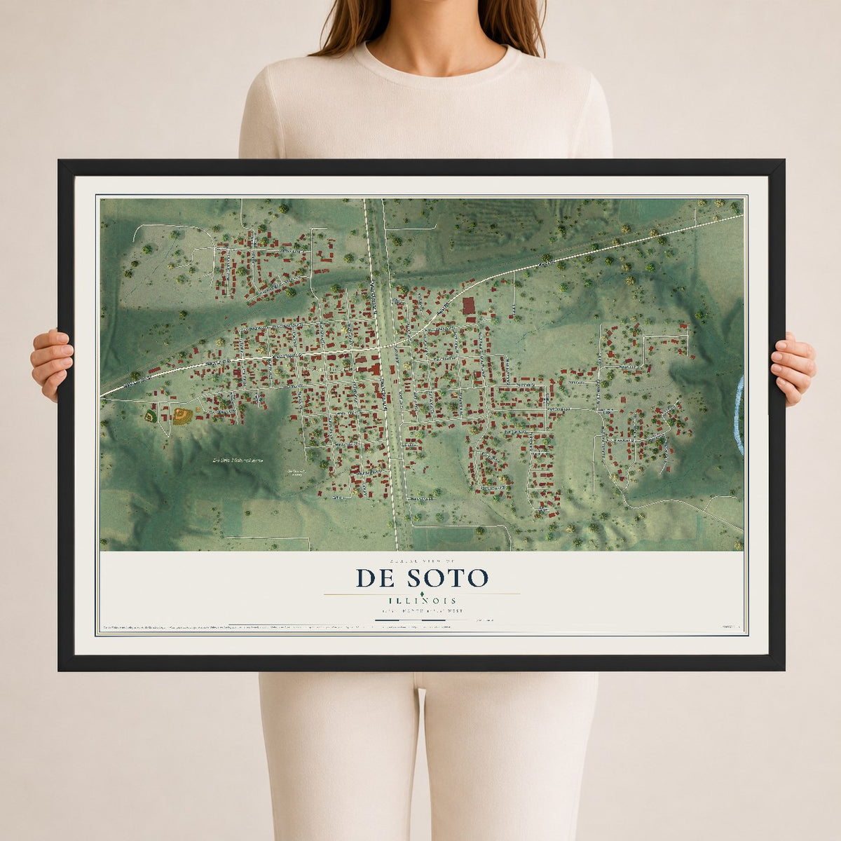 Map of De Soto, Illinois, 24 x 36 inch print in a black wood frame