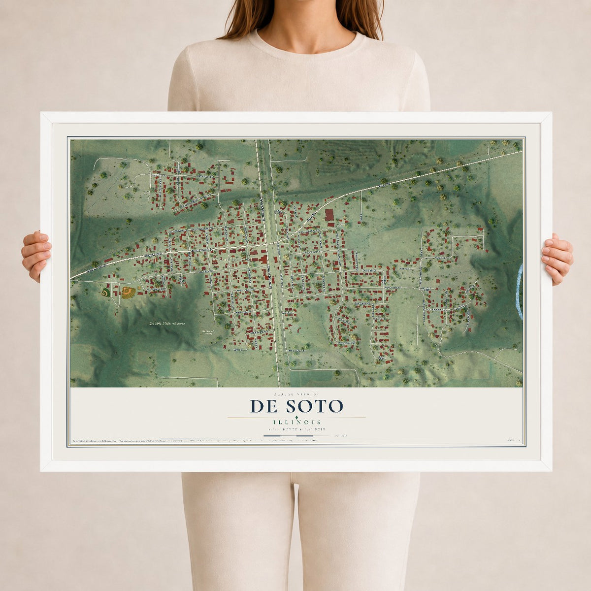 Map of De Soto, Illinois, 24 x 36 inch print in a white wood frame