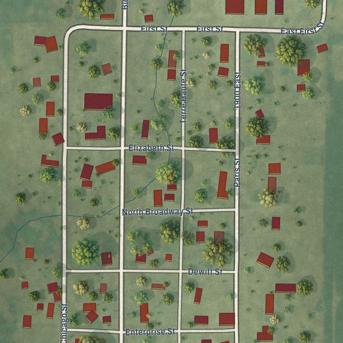 Close-up of the map of De Witt, Illinois print showing street and building detail