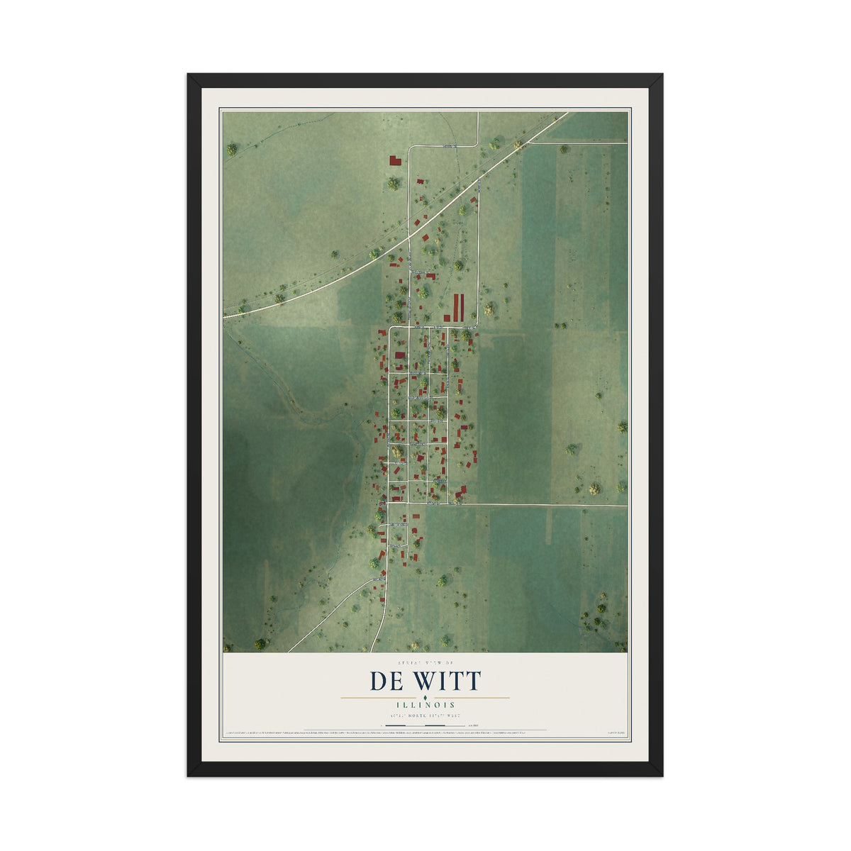 Map of De Witt, Illinois, 12 x 18 inch print in a black wood frame