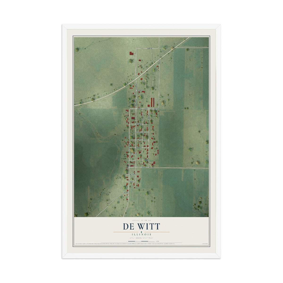 Map of De Witt, Illinois, 12 x 18 inch print in a white wood frame