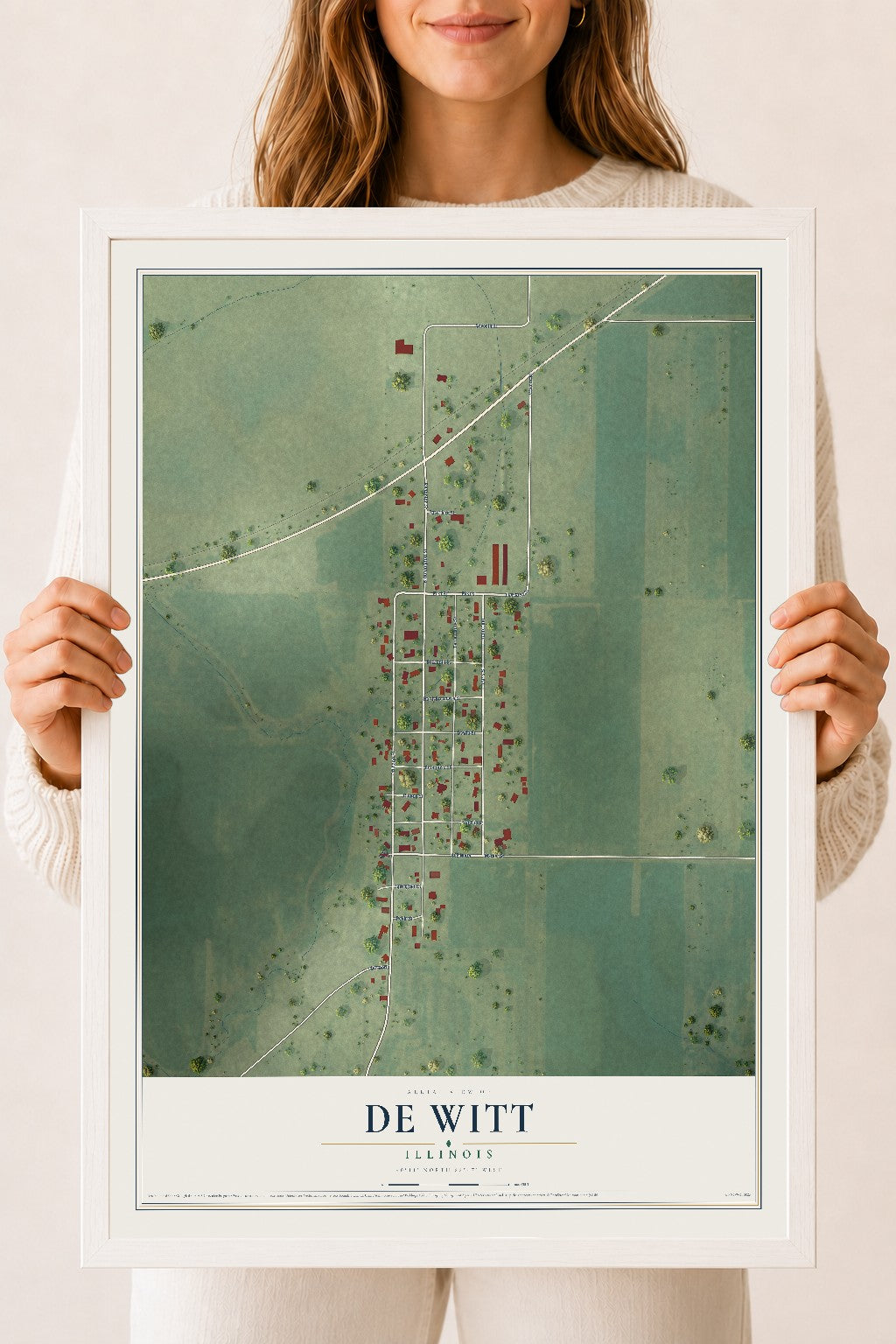 Map of De Witt, Illinois, 18 x 24 inch print in a white wood frame