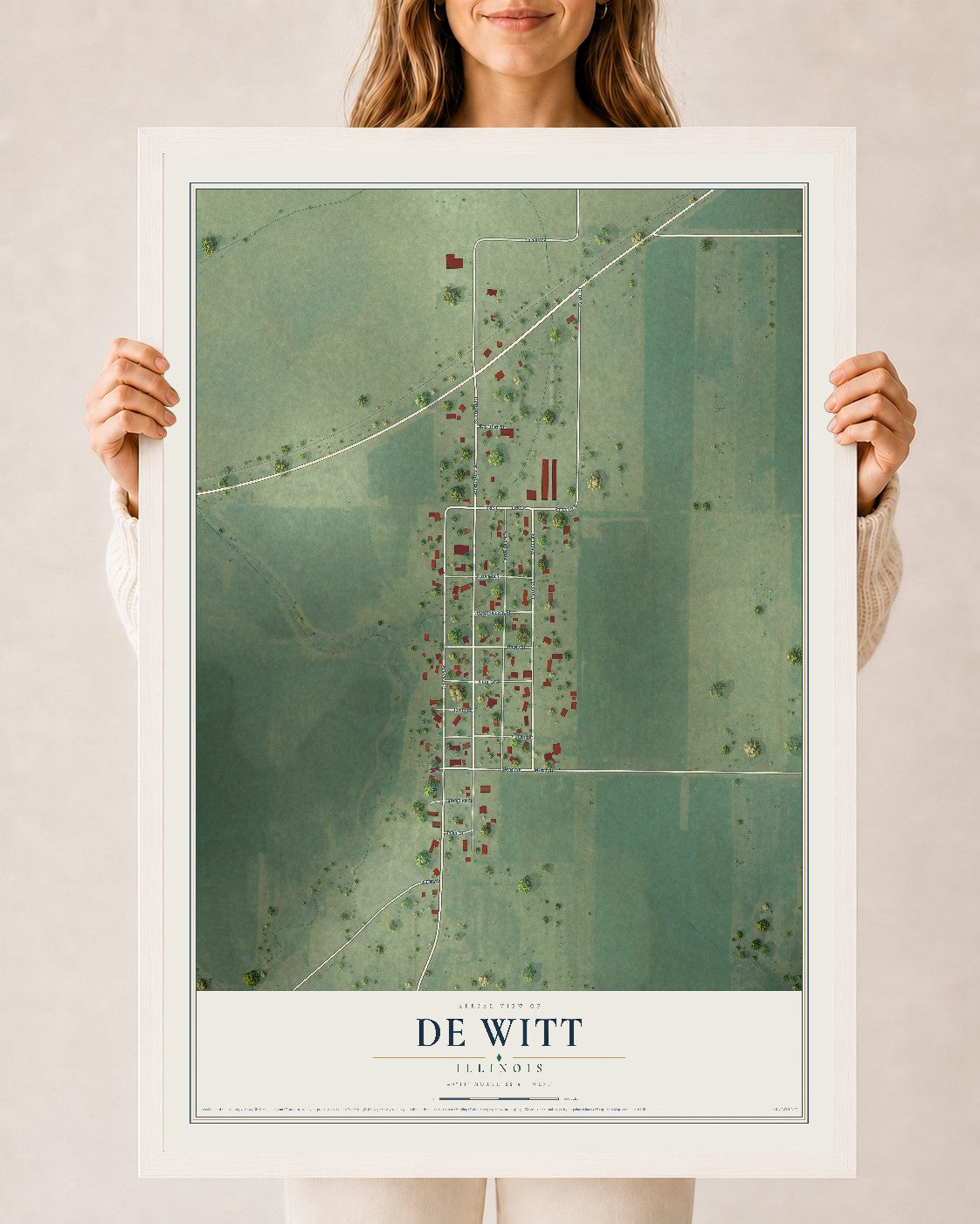Map of De Witt, Illinois, 24 x 36 inch print in a white wood frame