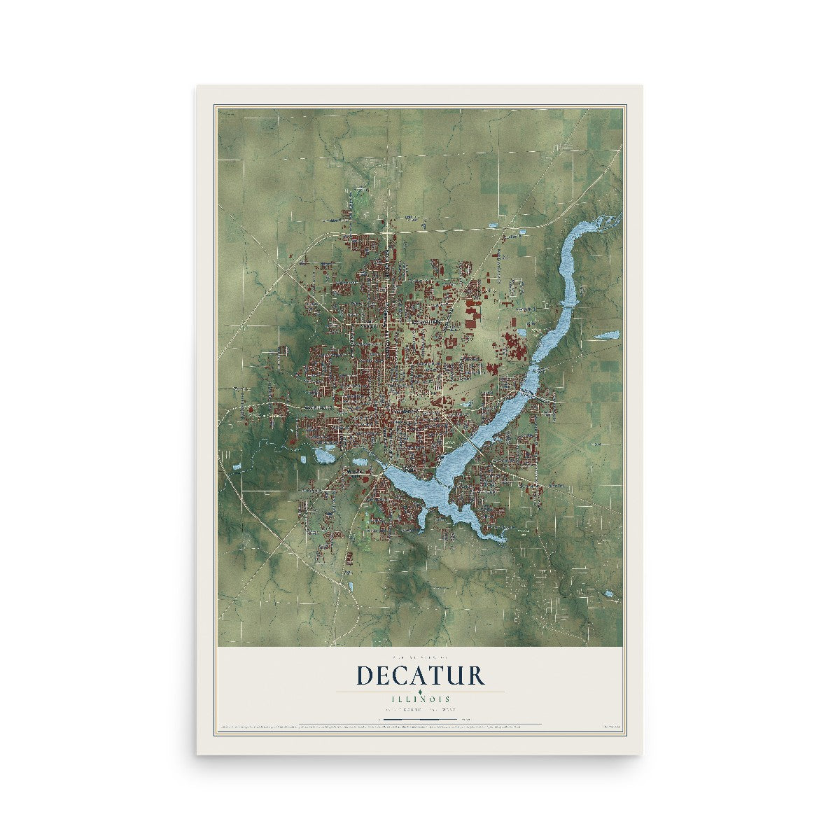 Map of Decatur, Illinois, 12 x 18 inch unframed archival matte print