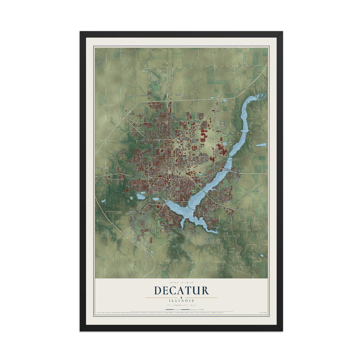 Map of Decatur, Illinois, 12 x 18 inch print in a black wood frame