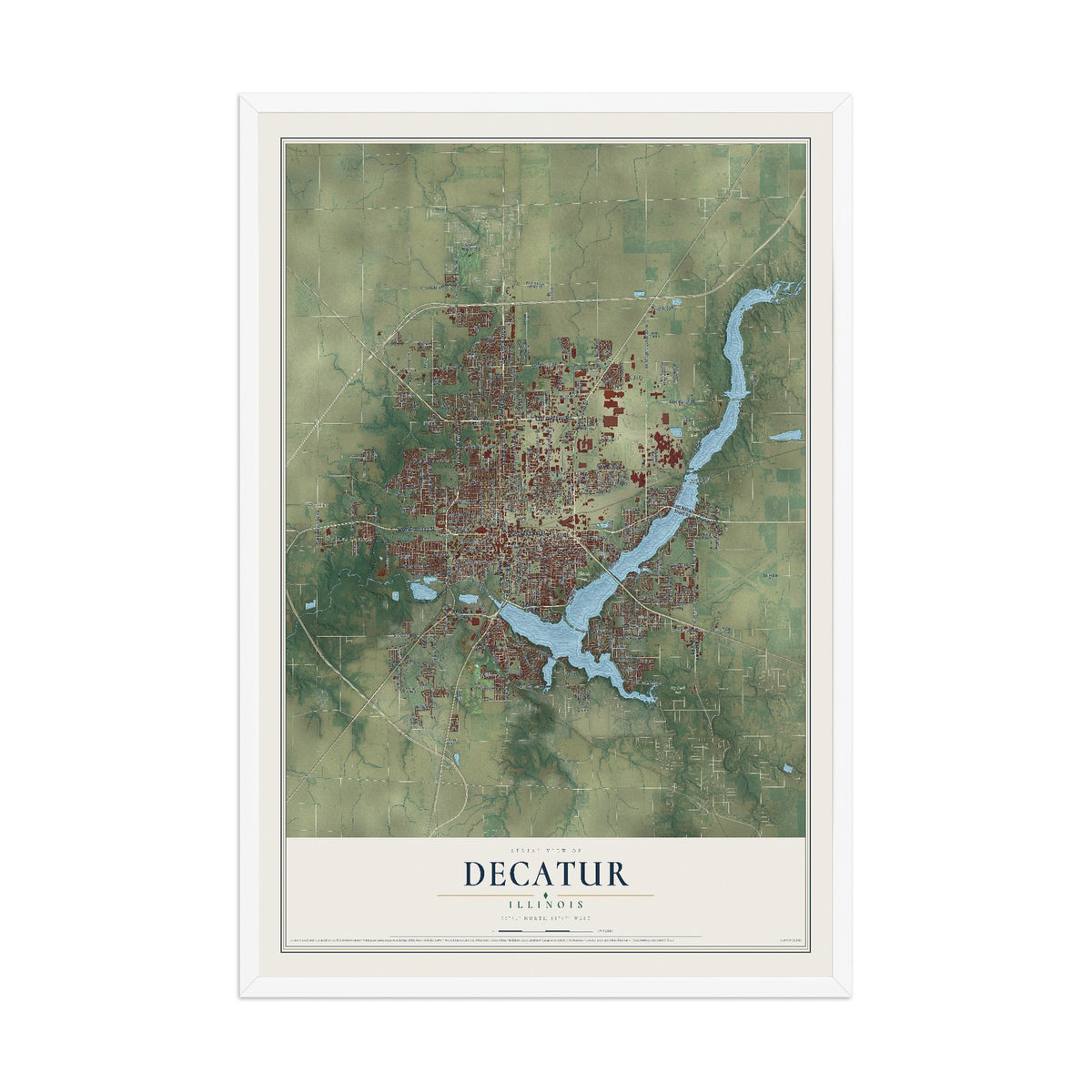 Map of Decatur, Illinois, 12 x 18 inch print in a white wood frame