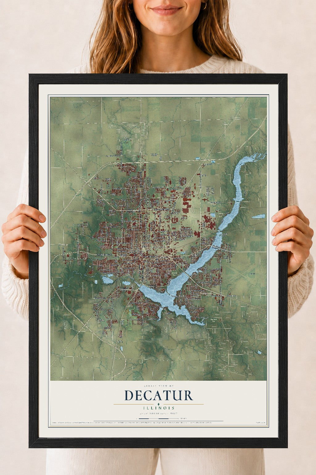 Map of Decatur, Illinois, 18 x 24 inch print in a black wood frame