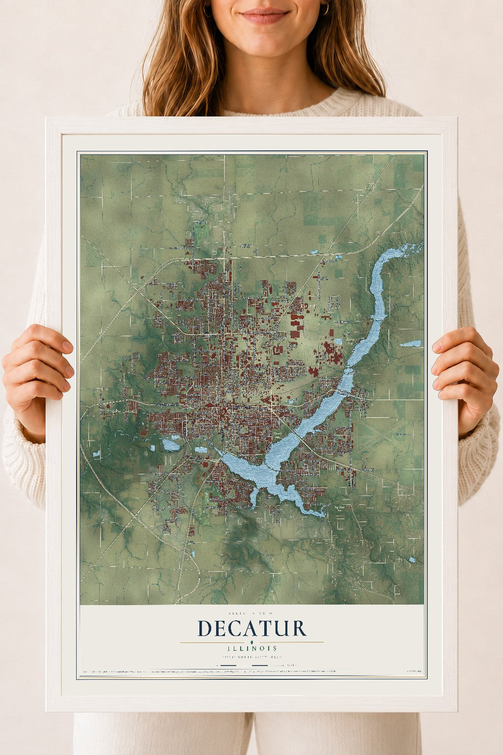 Map of Decatur, Illinois, 18 x 24 inch print in a white wood frame