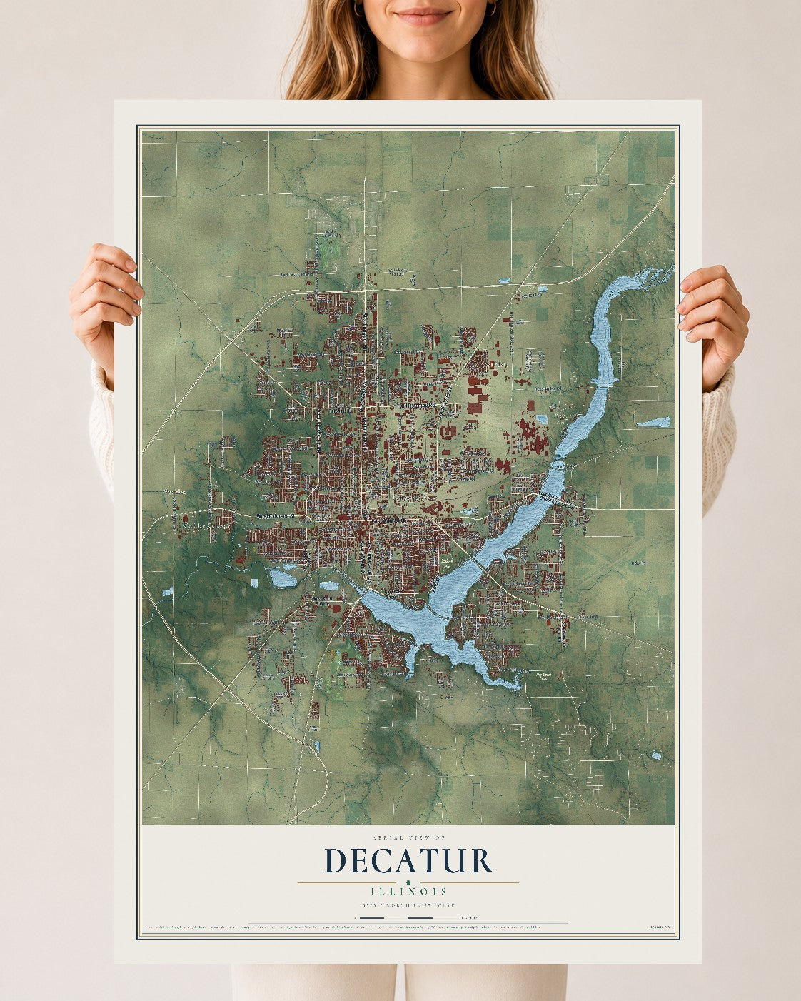 Map of Decatur, Illinois, 24 x 36 inch unframed archival matte print