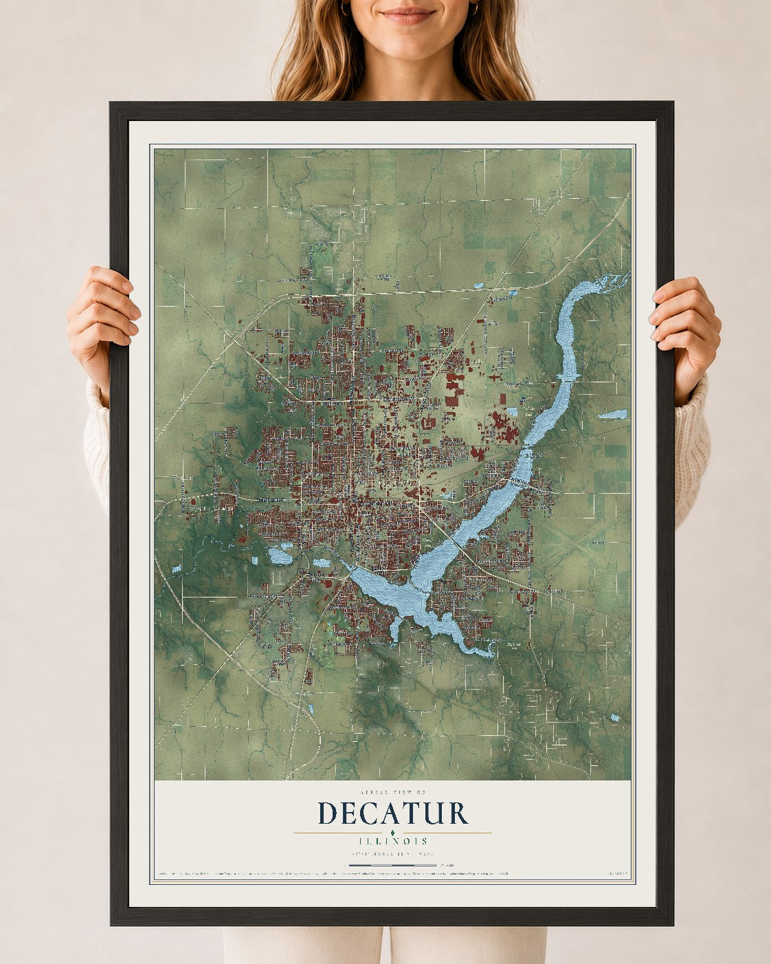 Map of Decatur, Illinois, 24 x 36 inch print in a black wood frame