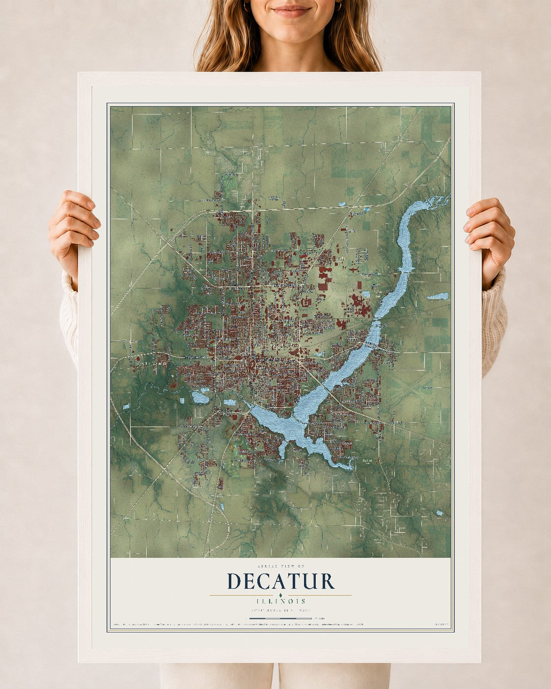 Map of Decatur, Illinois, 24 x 36 inch print in a white wood frame