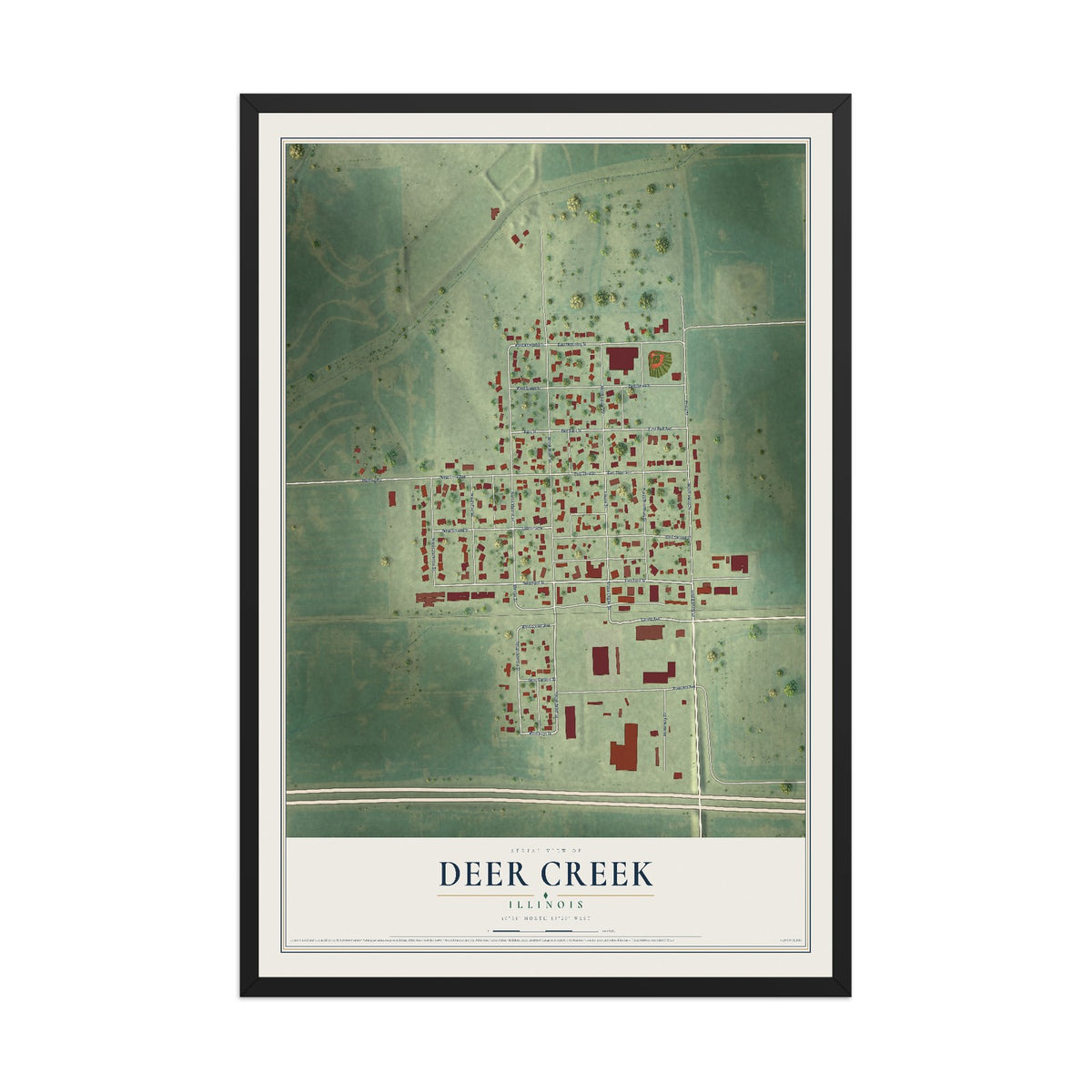 Map of Deer Creek, Illinois, 12 x 18 inch print in a black wood frame