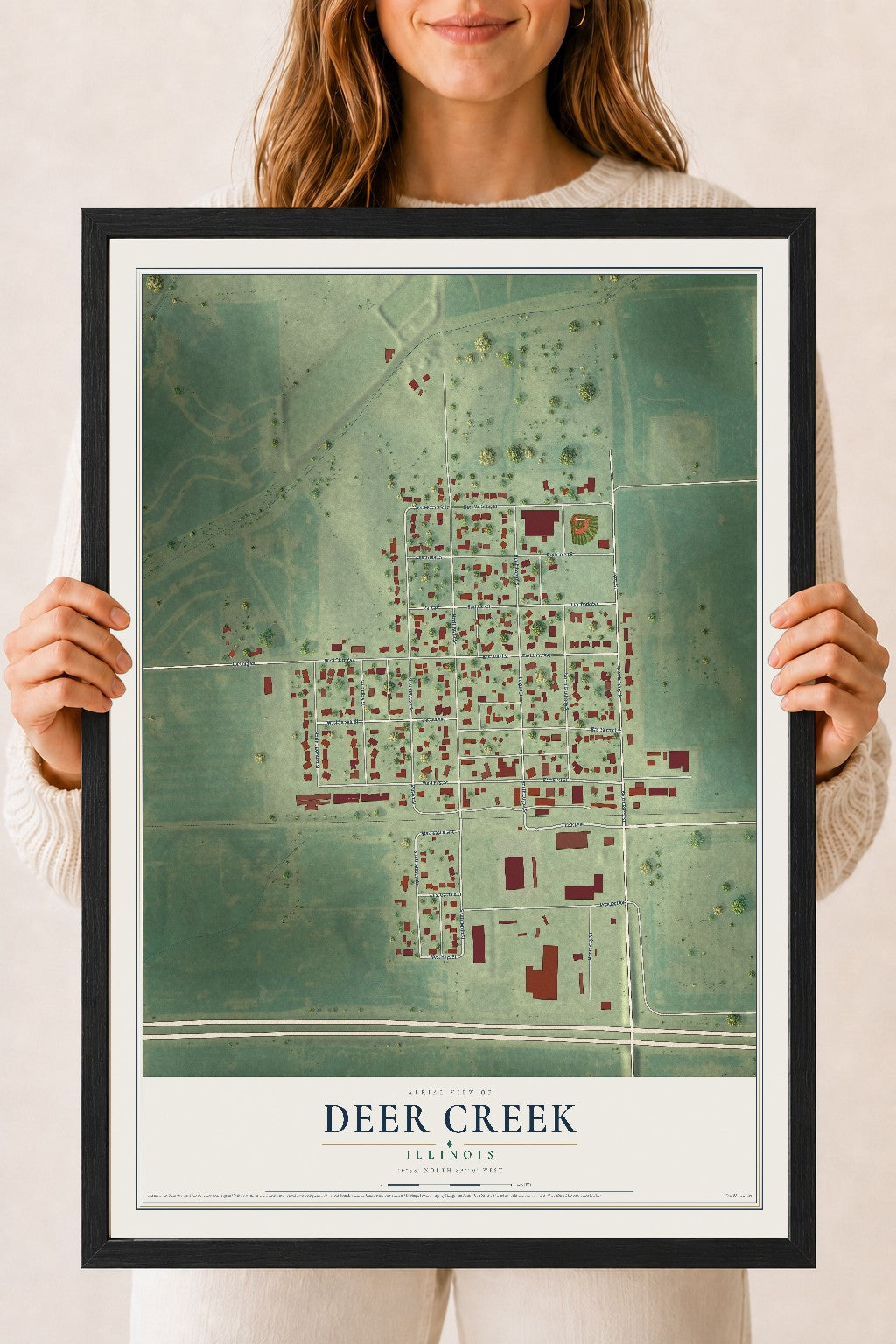 Map of Deer Creek, Illinois, 18 x 24 inch print in a black wood frame