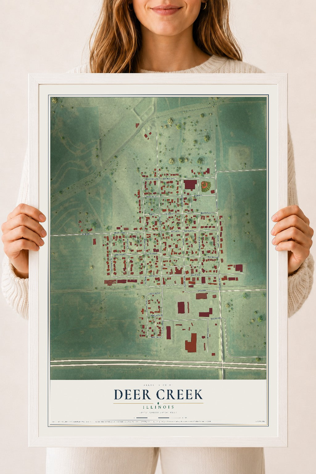 Map of Deer Creek, Illinois, 18 x 24 inch print in a white wood frame