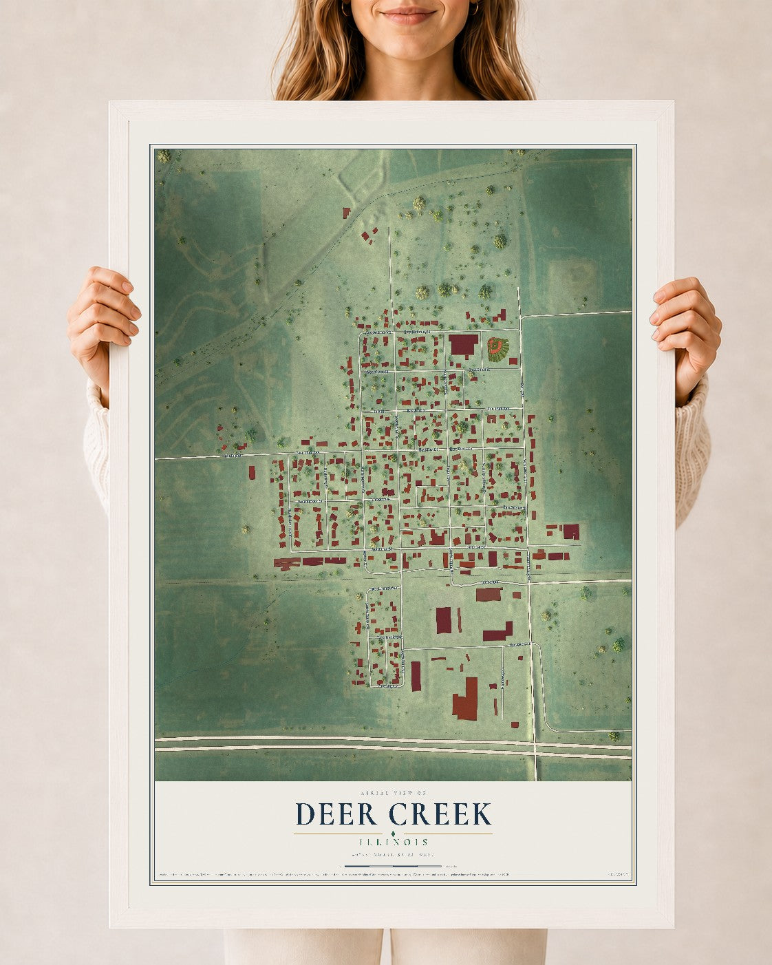 Map of Deer Creek, Illinois, 24 x 36 inch print in a white wood frame